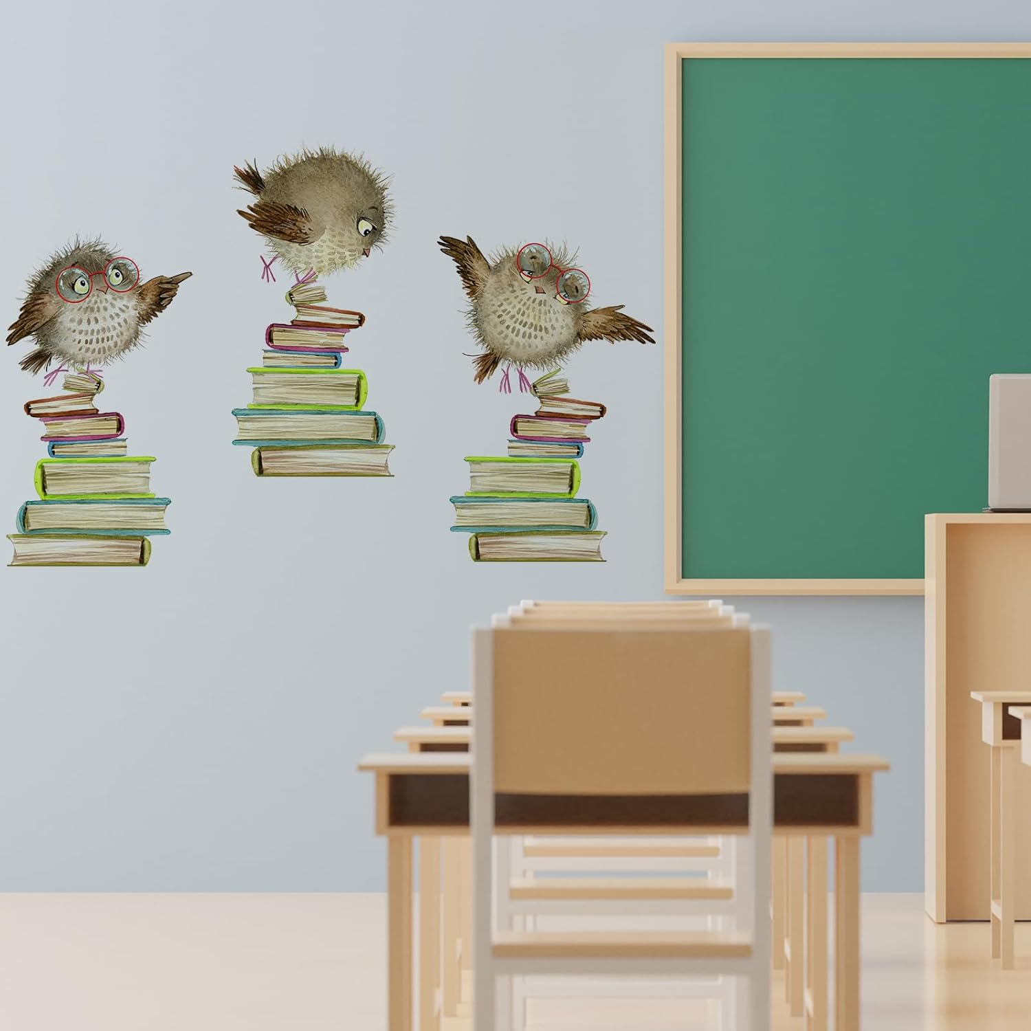 Calcomanías de pared con diseño de búhos y libros, lindos animales, papel tapiz educativo para despegar y pegar para habitación de niños, rincón de