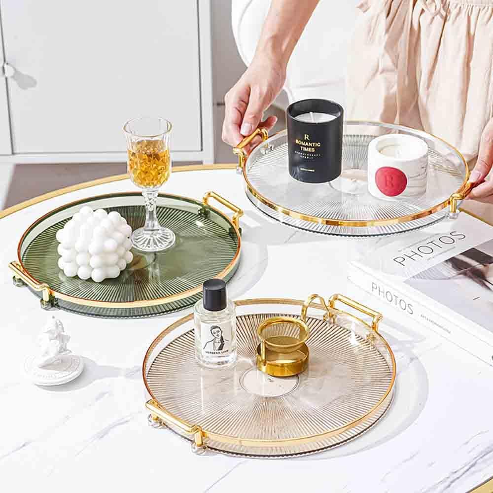 Bandeja de tocador de acrílico con asas doradas, bandeja decorativa para servir platos de velas Comestic para joyas, encimera de tocador,