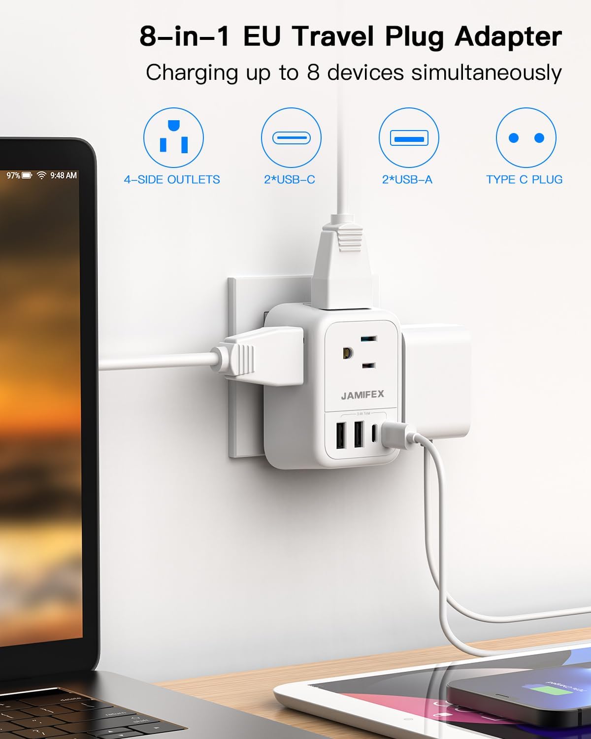 Adaptador de enchufe de viaje europeo plegable, adaptador de enchufe de alimentación internacional JAMIFEX con 4 tomas, 4 puertos USB (2 USB-C),