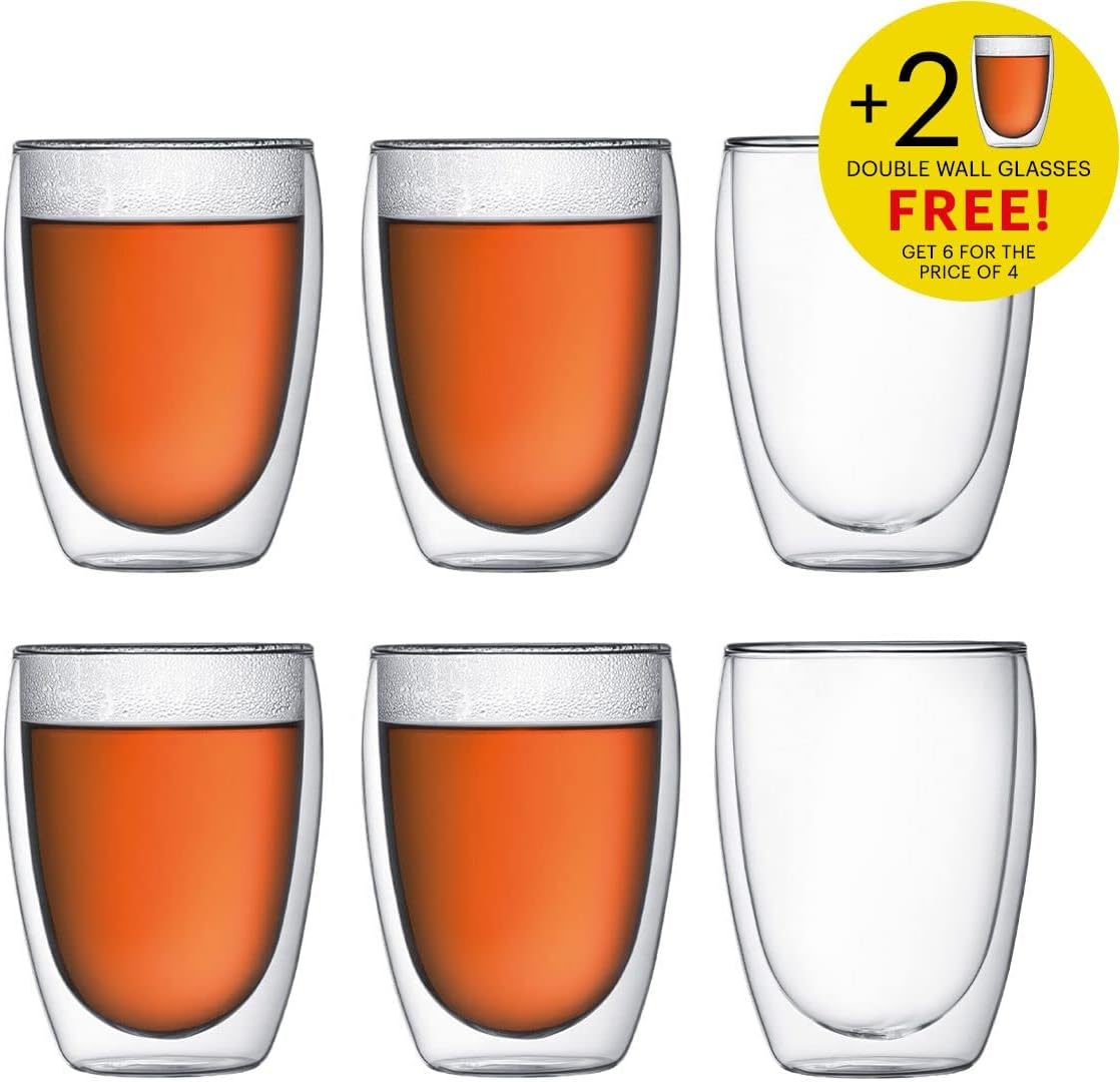 Bodum Bistro – Taza de café, 10 onzas (paquete de 6), transparente y 4559-10-12US Bodum Pavina – Vasos con aislamiento de doble pared, 12 onzas