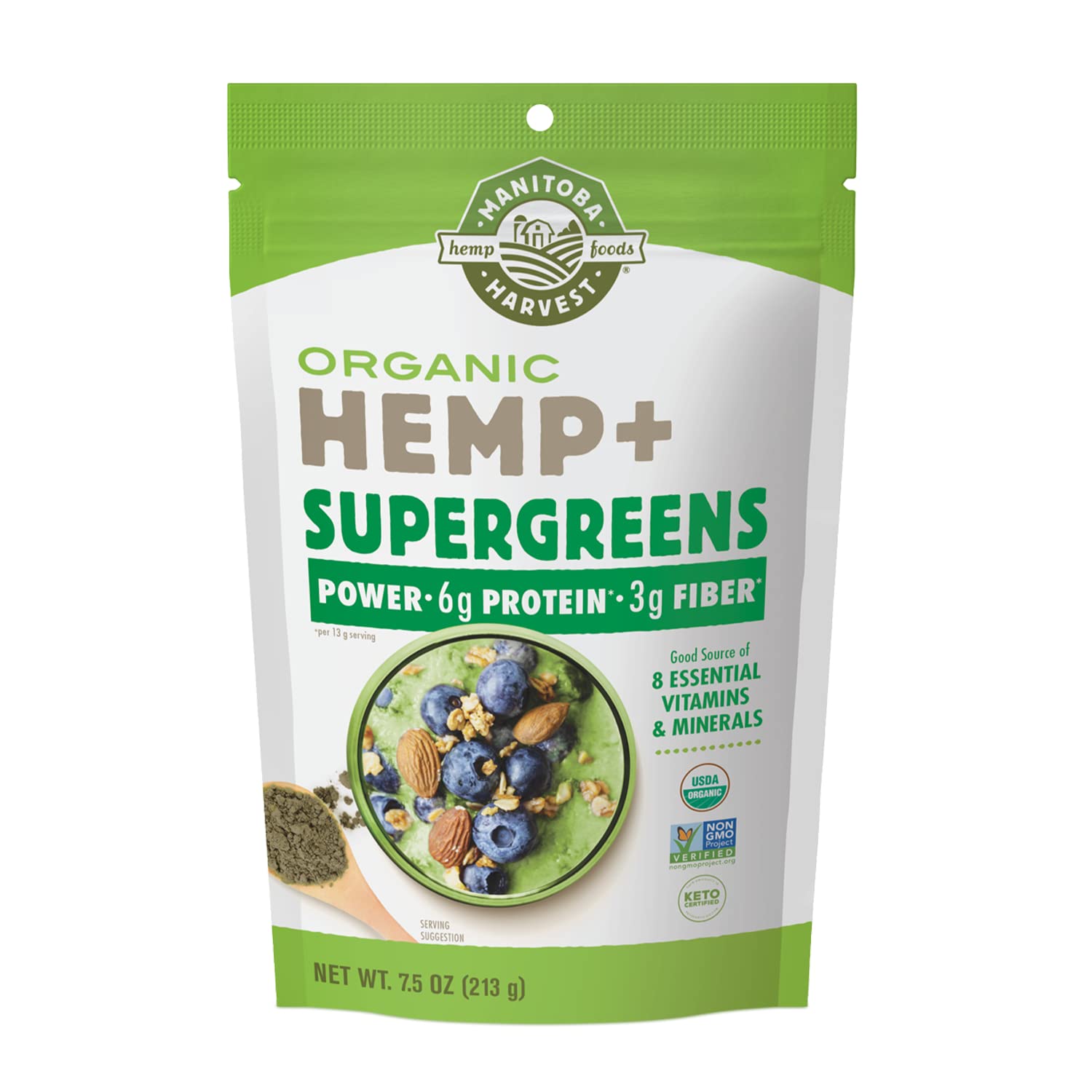 Manitoba Harvest Polvo orgánico de cáñamo y superverdes, 7.5 onzas, superalimento verde en polvo con 0.23 onzas de proteína, 0.11 onzas de fibra por