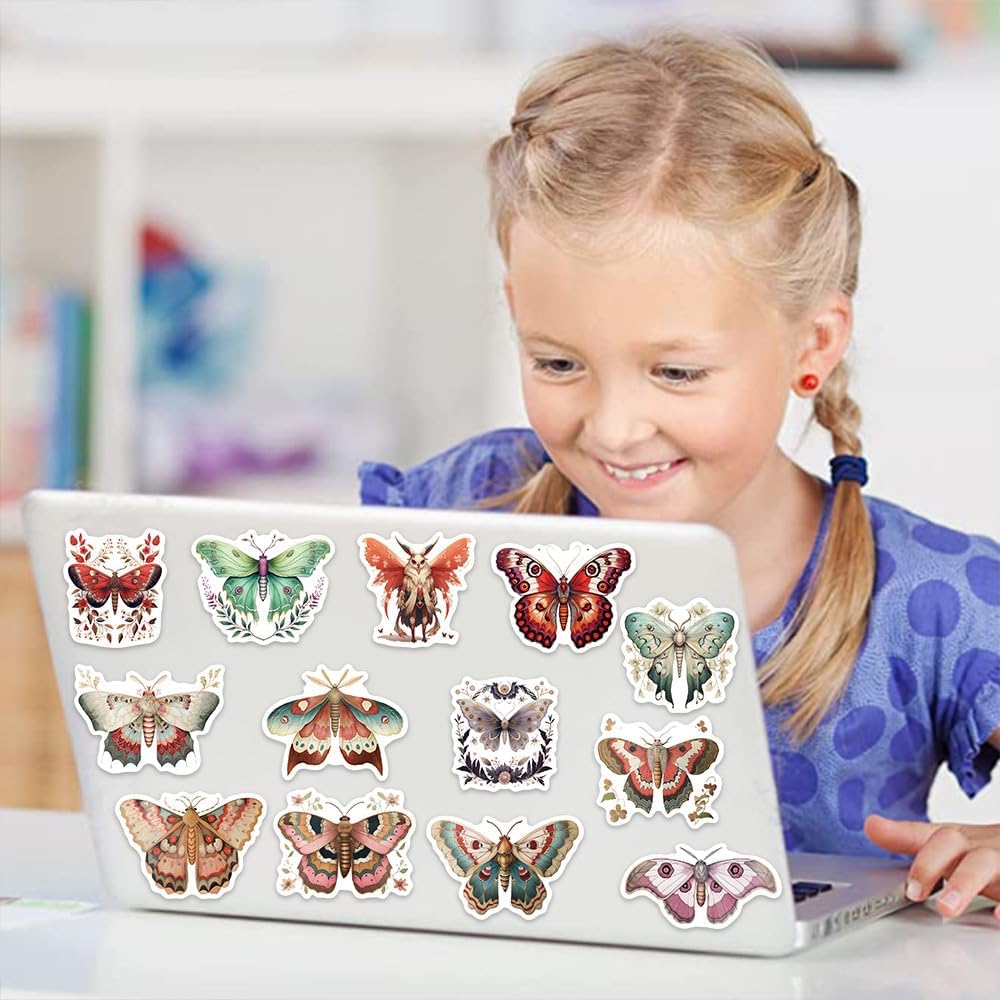 Calcomanías de polilla para álbumes de recortes, calcomanías estéticas de animales, 50 calcomanías de polilla de dibujos animados coloridas,