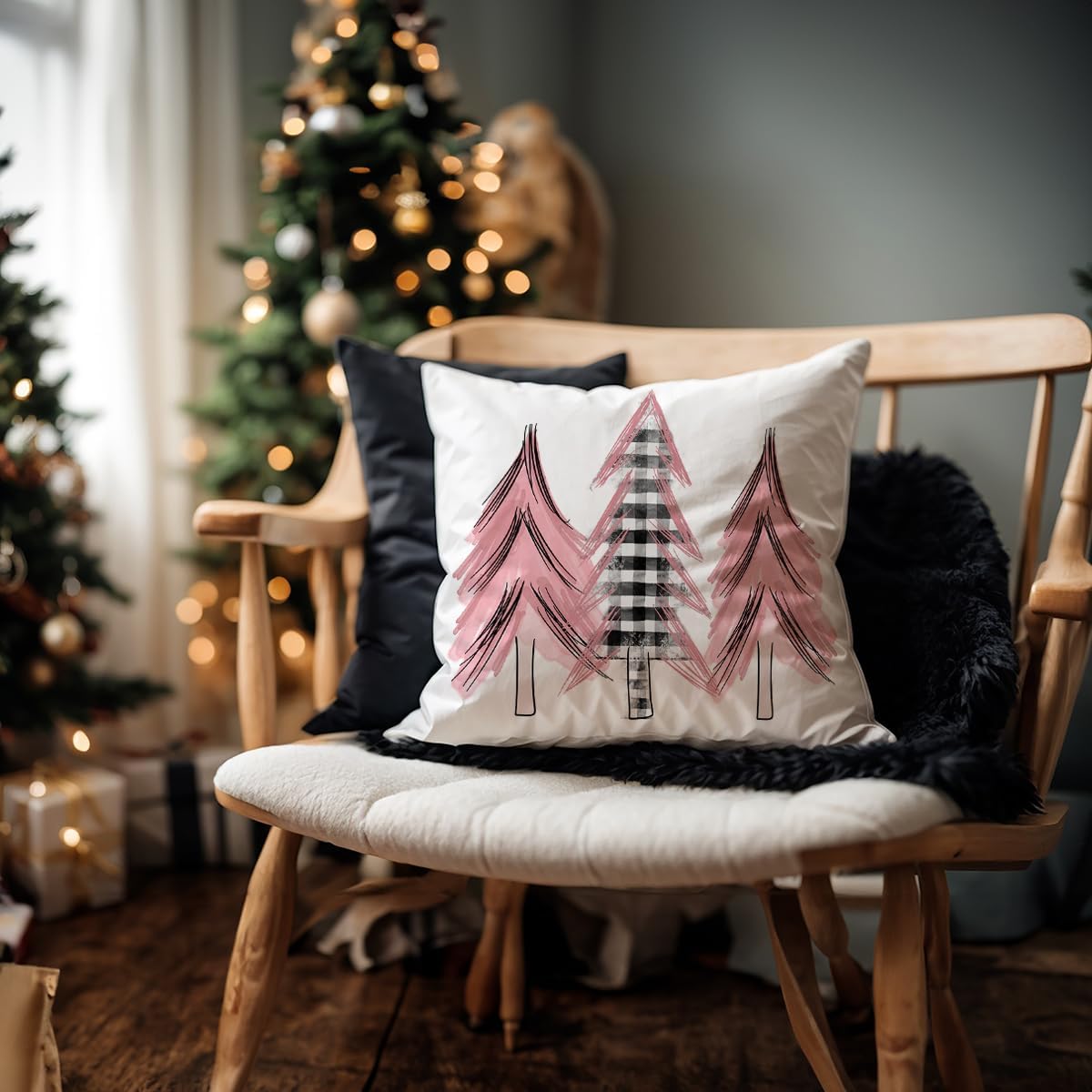 Juego de 4 fundas de almohada decorativas de 18 x 18 pulgadas con diseño de árbol de Navidad con diseño de árbol de Navidad, decoración de casa de