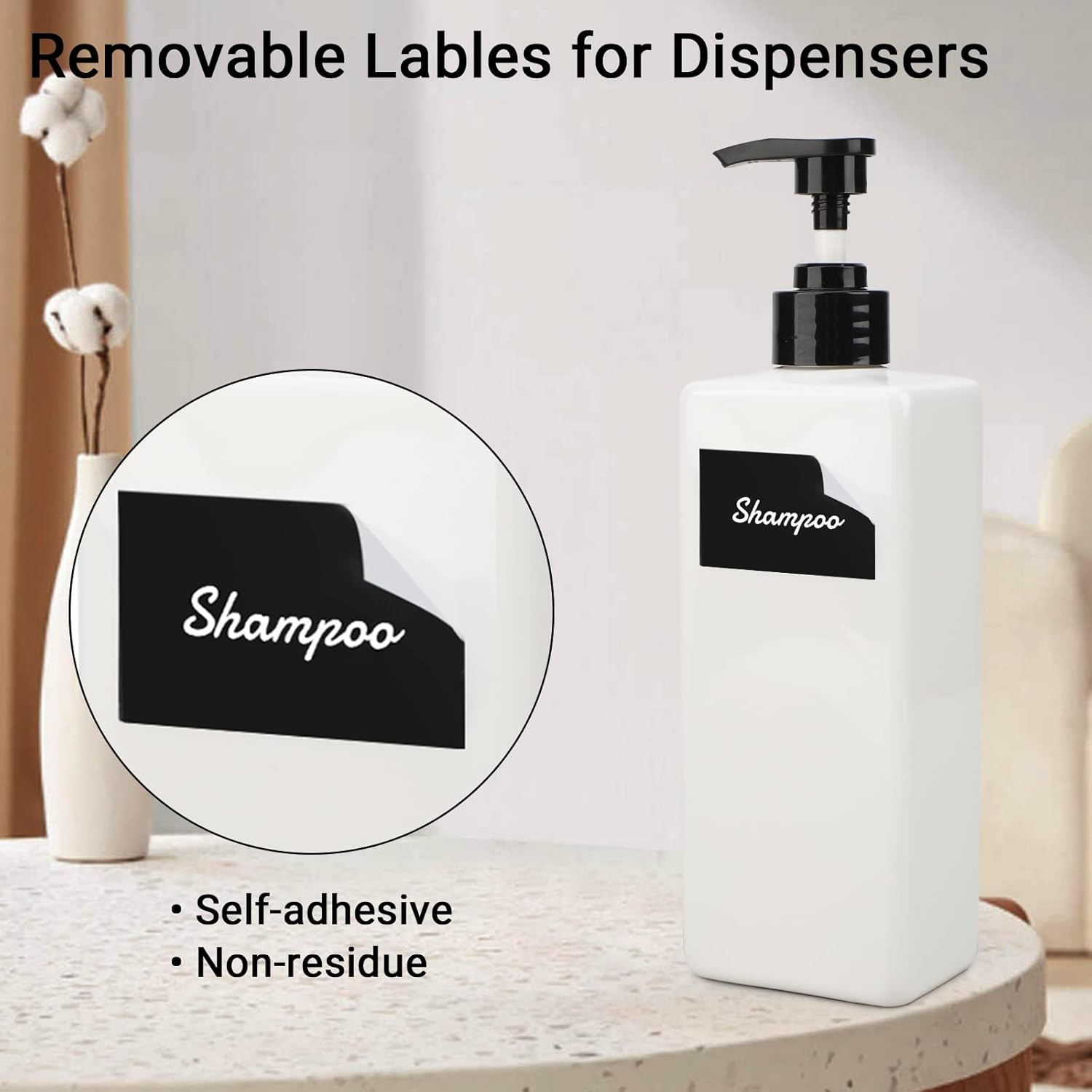 Botellas vacías de champú de 22 onzas con bomba con 26 etiquetas de jabón impermeables, 3 paquetes de recipientes vacíos de gran capacidad para gel
