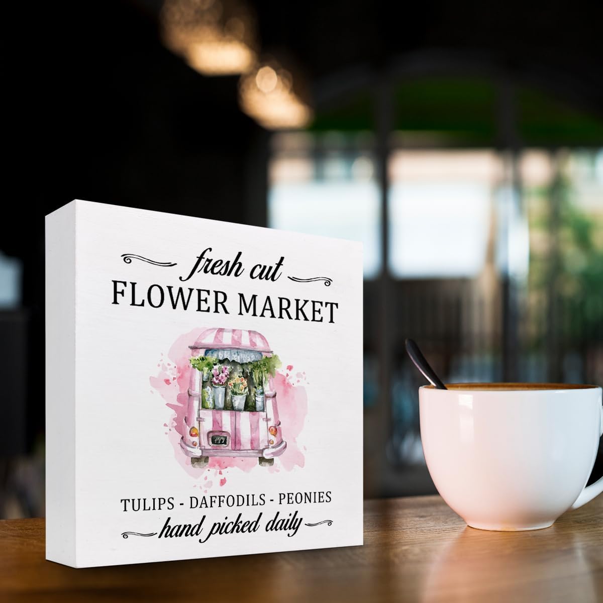 Flower Market – Letrero de madera rosa para automóvil, decoración de escritorio de flores rústicas de primavera y verano, decoración de escritorio