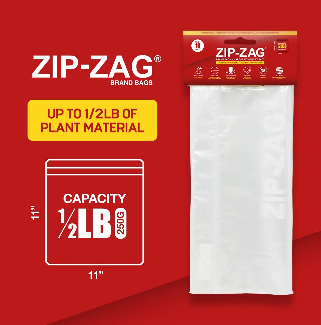 Bolsas de media libra con cremallera Zag  Paquete de 10  Reutilizables, resellables, protección UV, grado alimenticio, bolsas de almacenamiento,