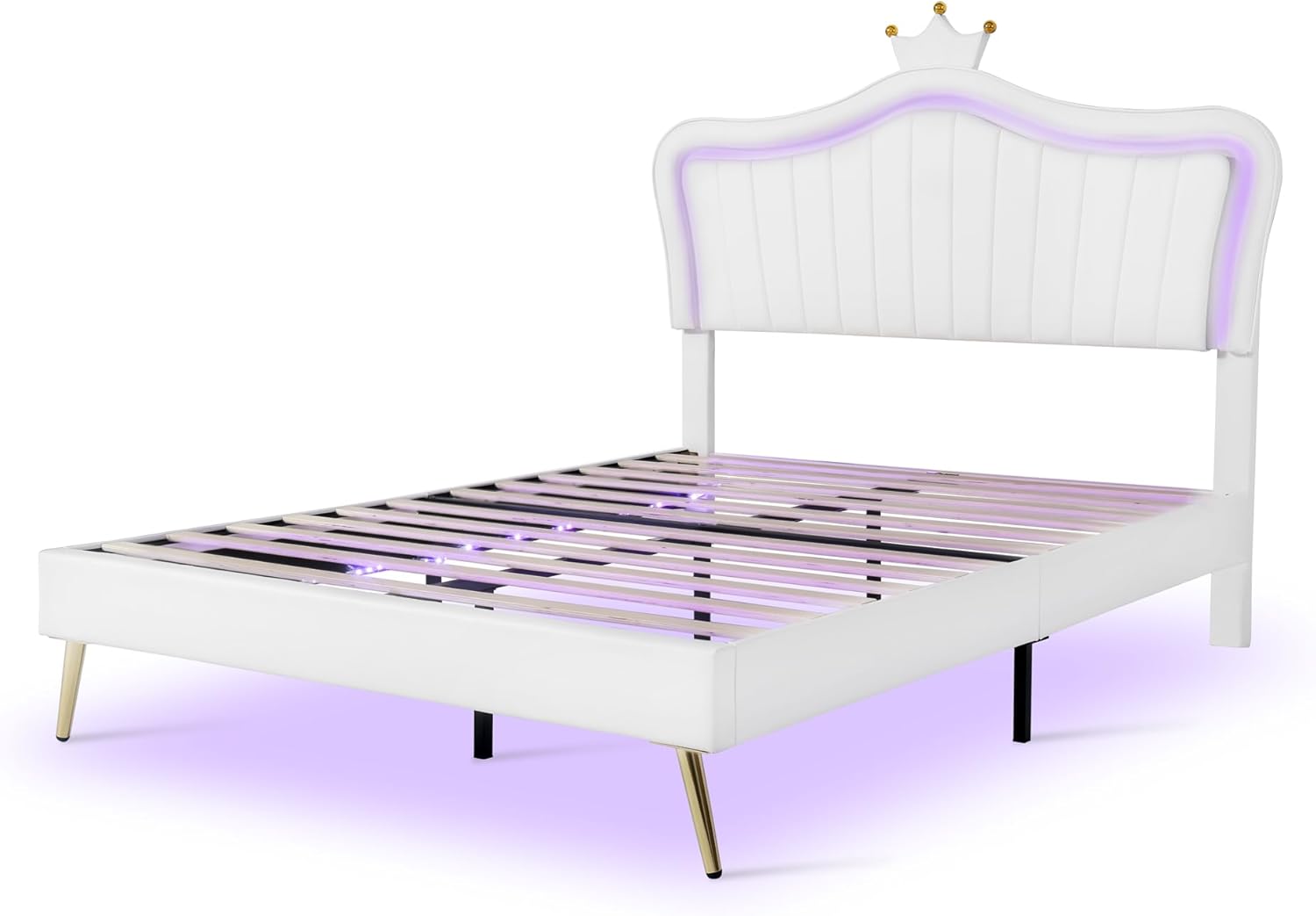 Cama de princesa tamaño Queen con luces LED, marco de cama para niños, con cabecero corona, plataforma tapizada para niños y adolescentes, no