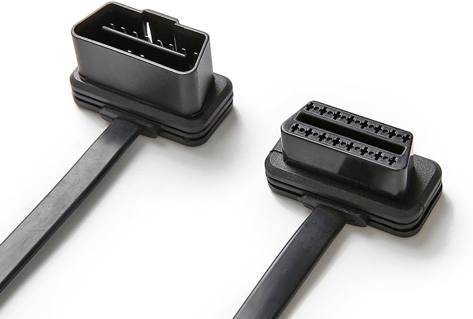 Cable de extensión OBD2, bbfly-A2 Cable de cinta plana de 16 pines OBDII macho a hembra Cable con conectores en ángulo de 1 pie11.8 in
