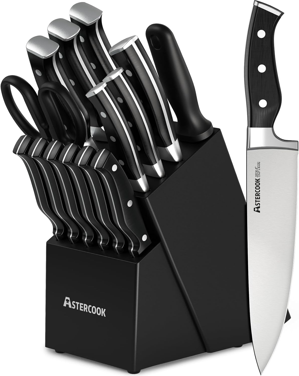 Astercook – Juego de cuchillos de cocina de 15 piezas de triple remache, juego de cuchillos de acero inoxidable de alto carbono para cocina con