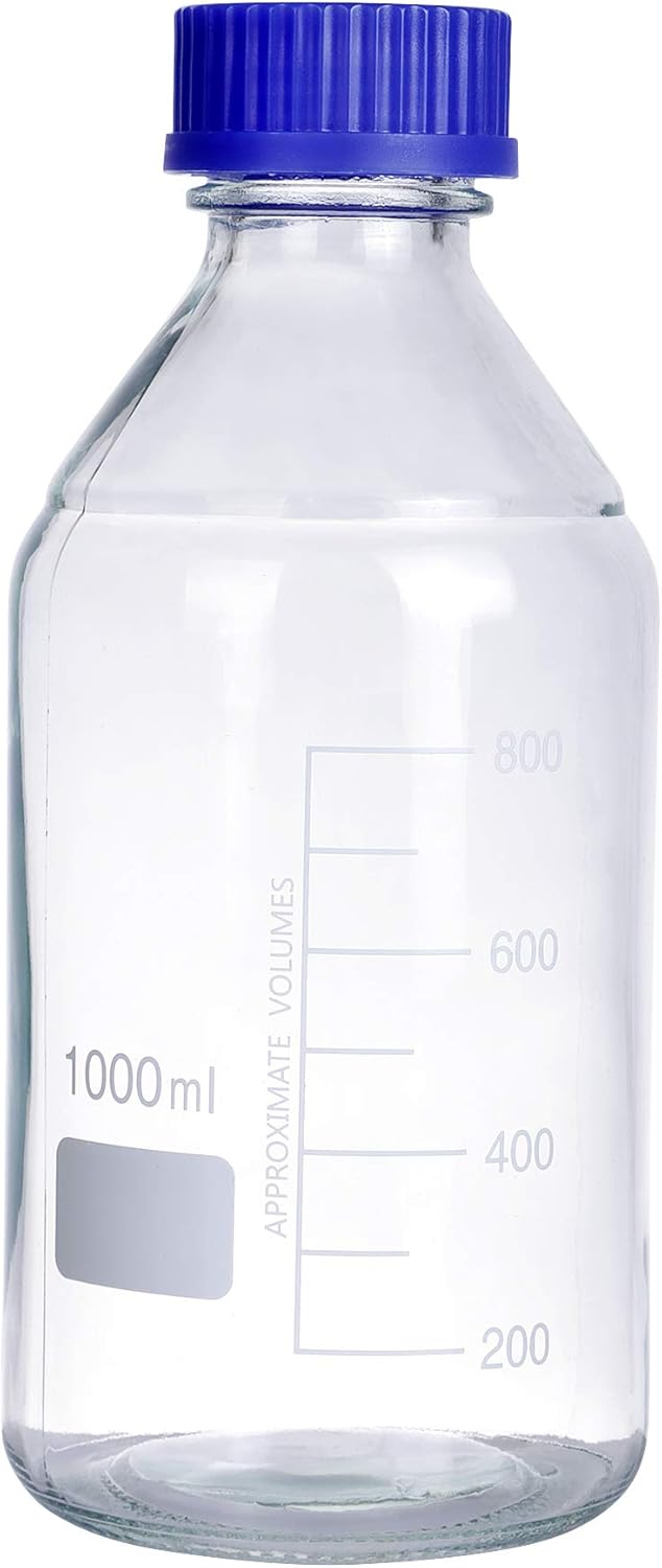 Pastein 4 piezas 33.8 fl oz graduado redondo reactivo mediosbotella de vidrio de almacenamiento con GL45 tapón de rosca de polipropileno azul