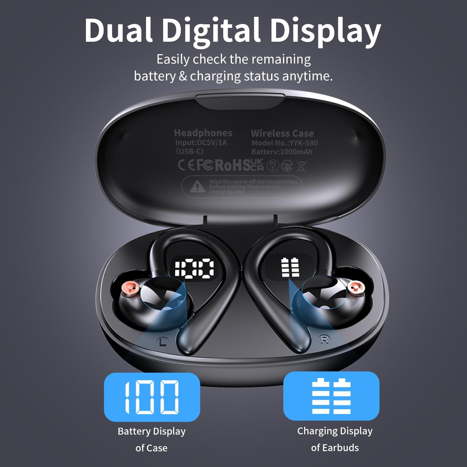 Auriculares inalámbricos Bluetooth 5.3 deportivos Bluetooth 5.3 con 120 horas de reproducción, pantalla de batería LED dual con gancho para la oreja