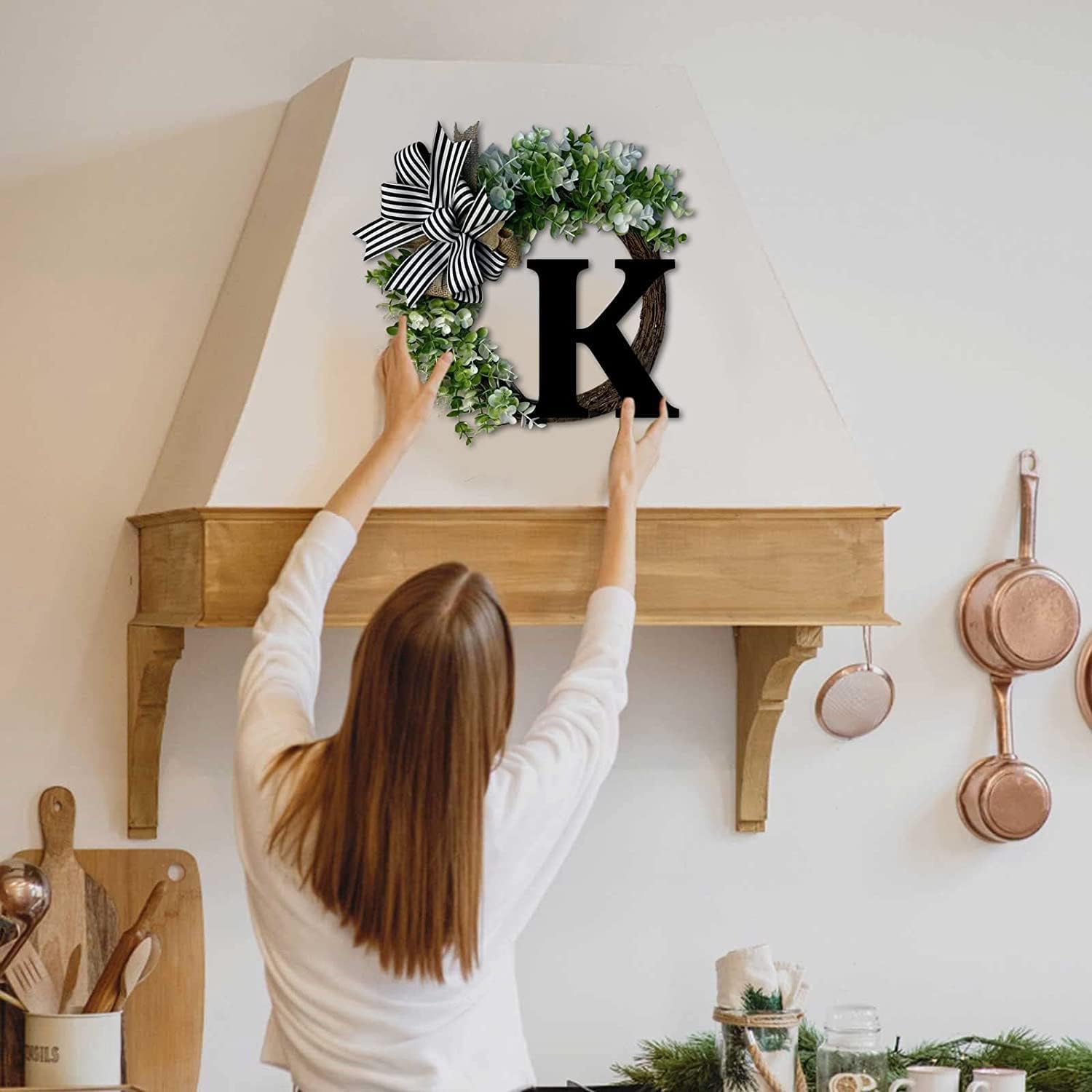 Corona de 12 pulgadas para puerta delantera con lazo, letreros de bienvenida, guirnalda personalizada de 26 letras para puerta delantera del hogar