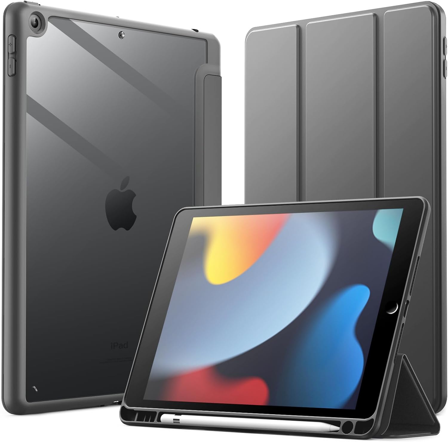 JETech Funda para iPad de 10.2 pulgadas (987 generación, 202120202019) con soporte para lápices, carcasa trasera transparente, soporte delgado, a