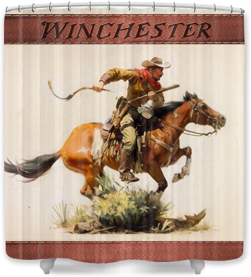 JAWO Juego de cortinas de ducha occidentales con diseño de vaquero con pistola a caballo, retro, vintage, decoración de baño con temática del