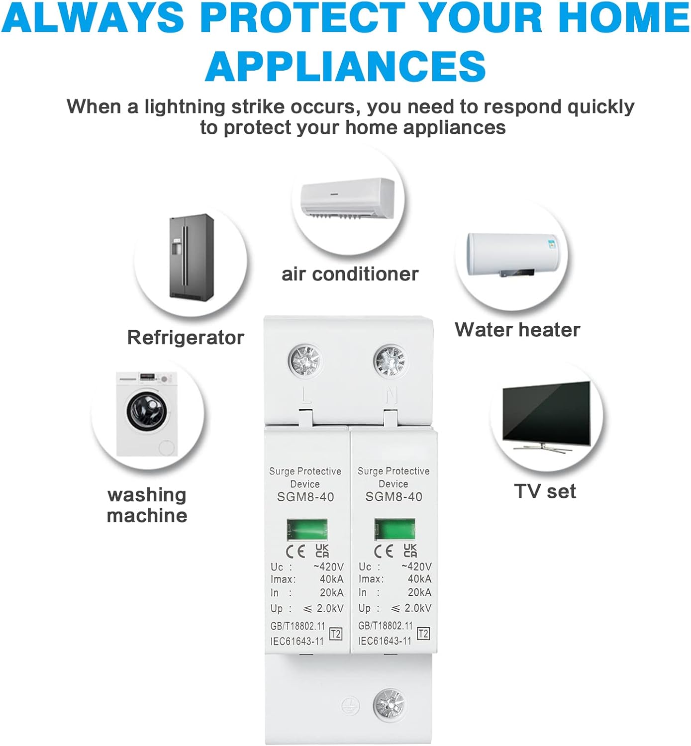 Protector contra sobretensiones para toda la casa, dispositivo de pararrayos de voltaje, dispositivo de protección contra sobretensiones 2P 40KA