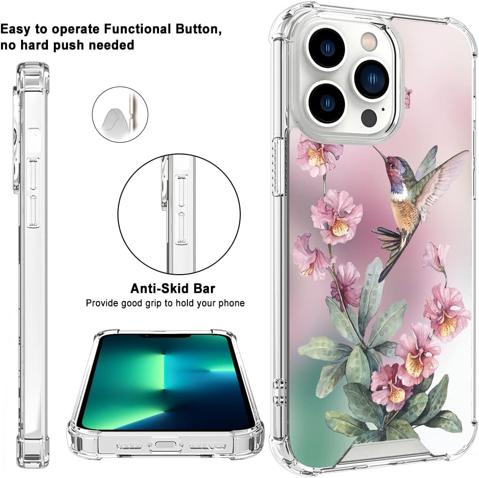 OOK Funda transparente compatible con iPhone 13 Pro Max, diseño de colibrí rosa, TPU flexible, a prueba de golpes, antiarañazos, funda transparente