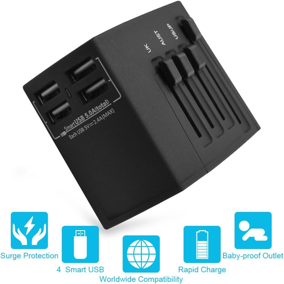 Adaptador de corriente de viaje universal en todo el mundo, adaptador internacional de 2000 W con 4 puertos USB, Reino UnidoUEAUEE. UU. (más de 200