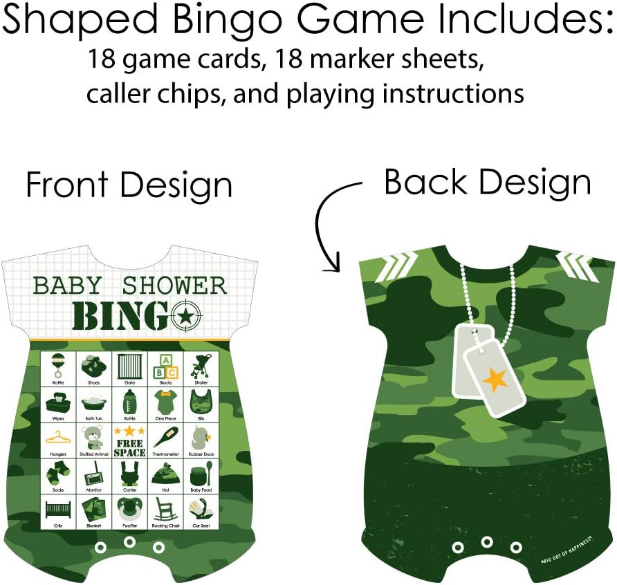 Big Dot of Happiness Camo Hero – Juego de 18 tarjetas y marcadores de bingo con forma de camuflaje militar del ejército para baby shower