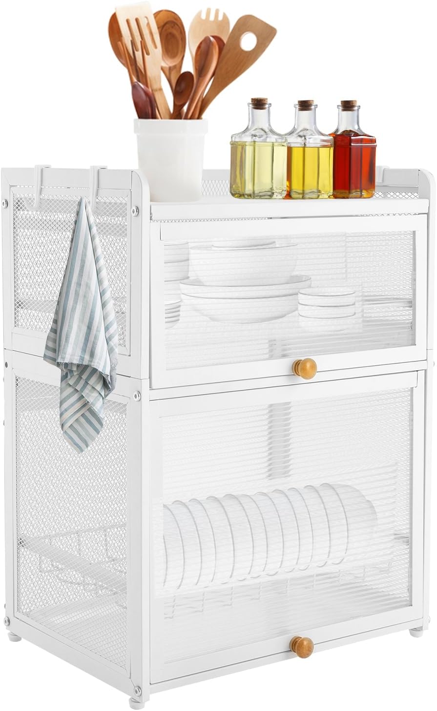 Escurridor de platos de 3 niveles, moderno estante blanco con tabla de drenaje, cubierta de tapa y bandeja de goteo desmontable, soporte de secado
