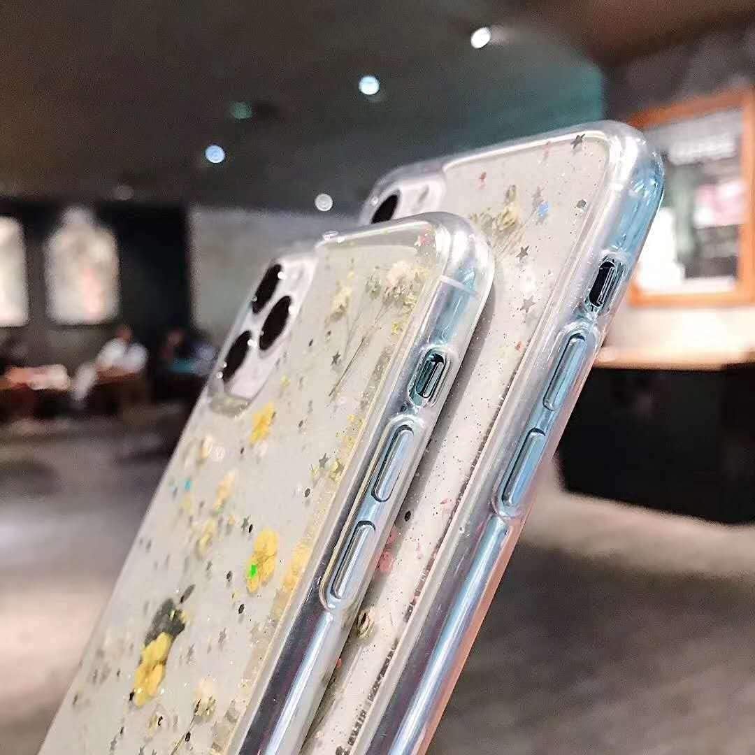 YTanazing Funda diseñada para iPhone 15, funda de goma suave y transparente flexible prensada con flores reales secas para niñas, funda protectora