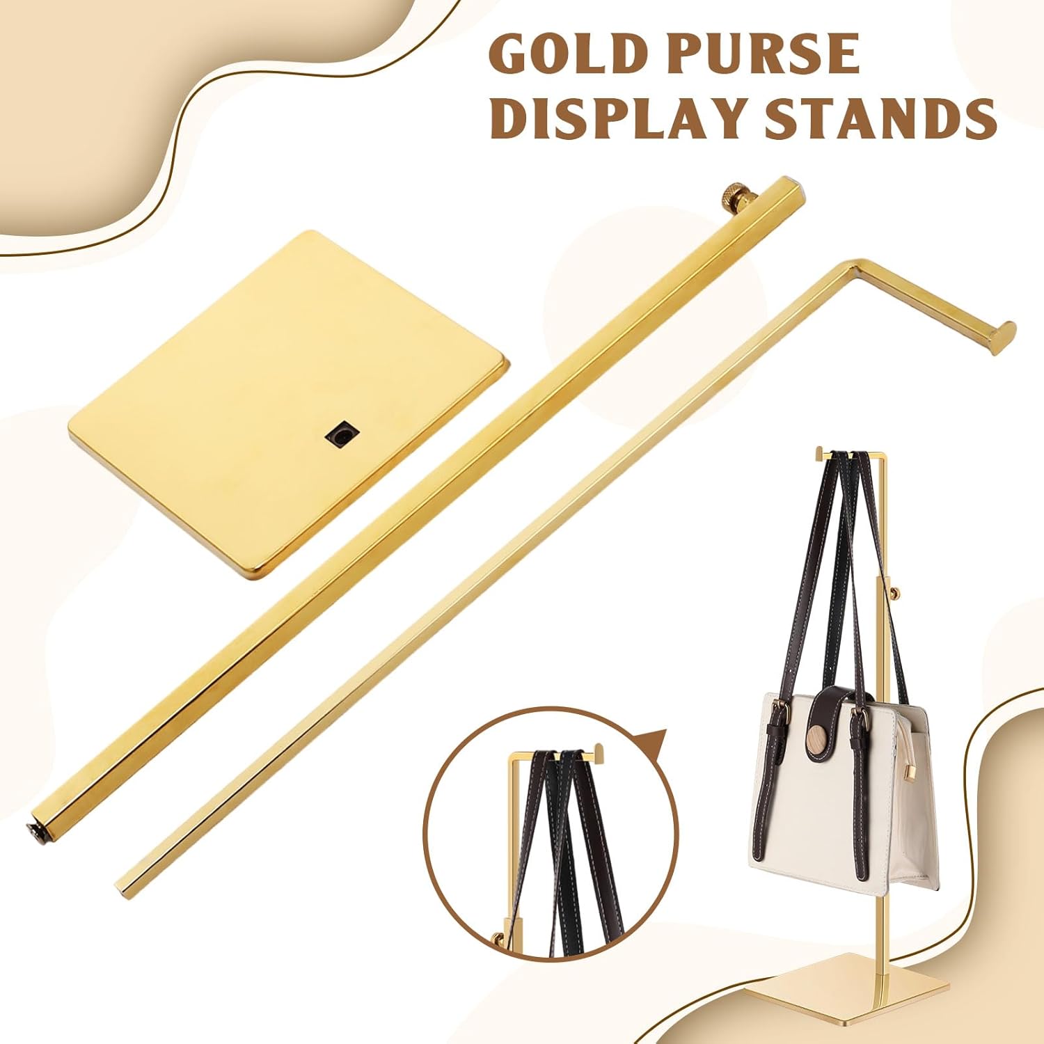 Juego de 8 soportes de exhibición dorados de acero inoxidable de altura ajustable para bolsas, estante de exhibición de bolsos de metal, para el