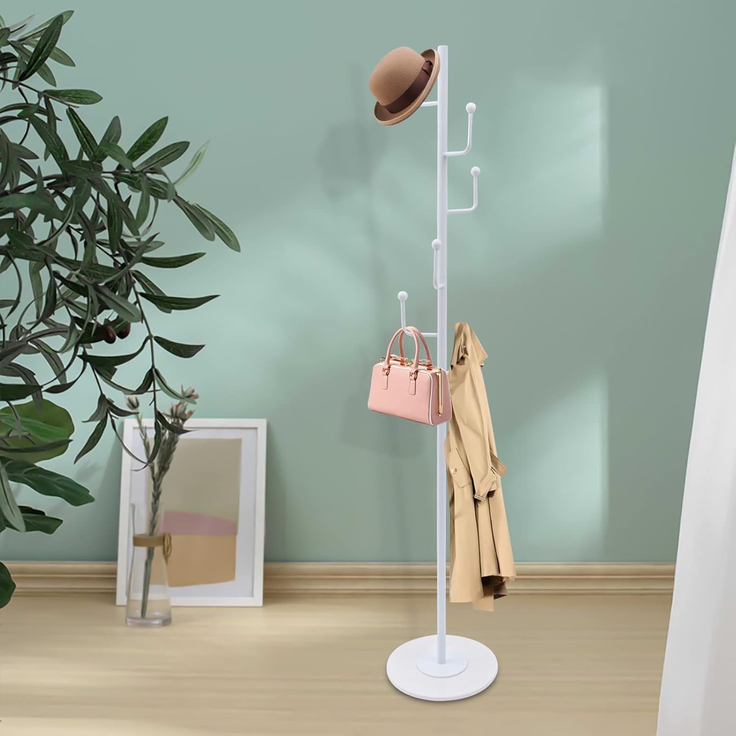 Soporte de metal moderno blanco de 67 pulgadas, para pasillo, perchero, árbol, con 6 ganchos, base estable de mármol, para entrada, pasillo, sala de