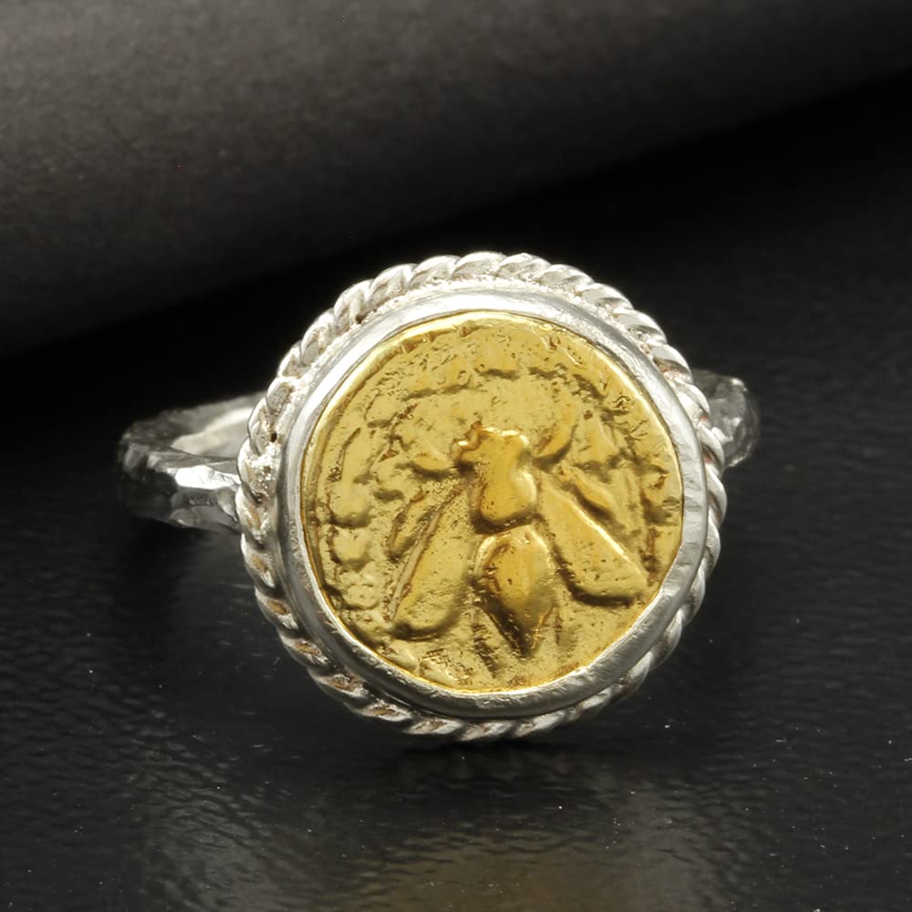 Caprixus 925 Sterling Silver Two Tone Honey Bee 24K Yellow Gold Vermeil Ancient Bumblebee Signet Coin Ring Hammered Rings for Women Designer Fine