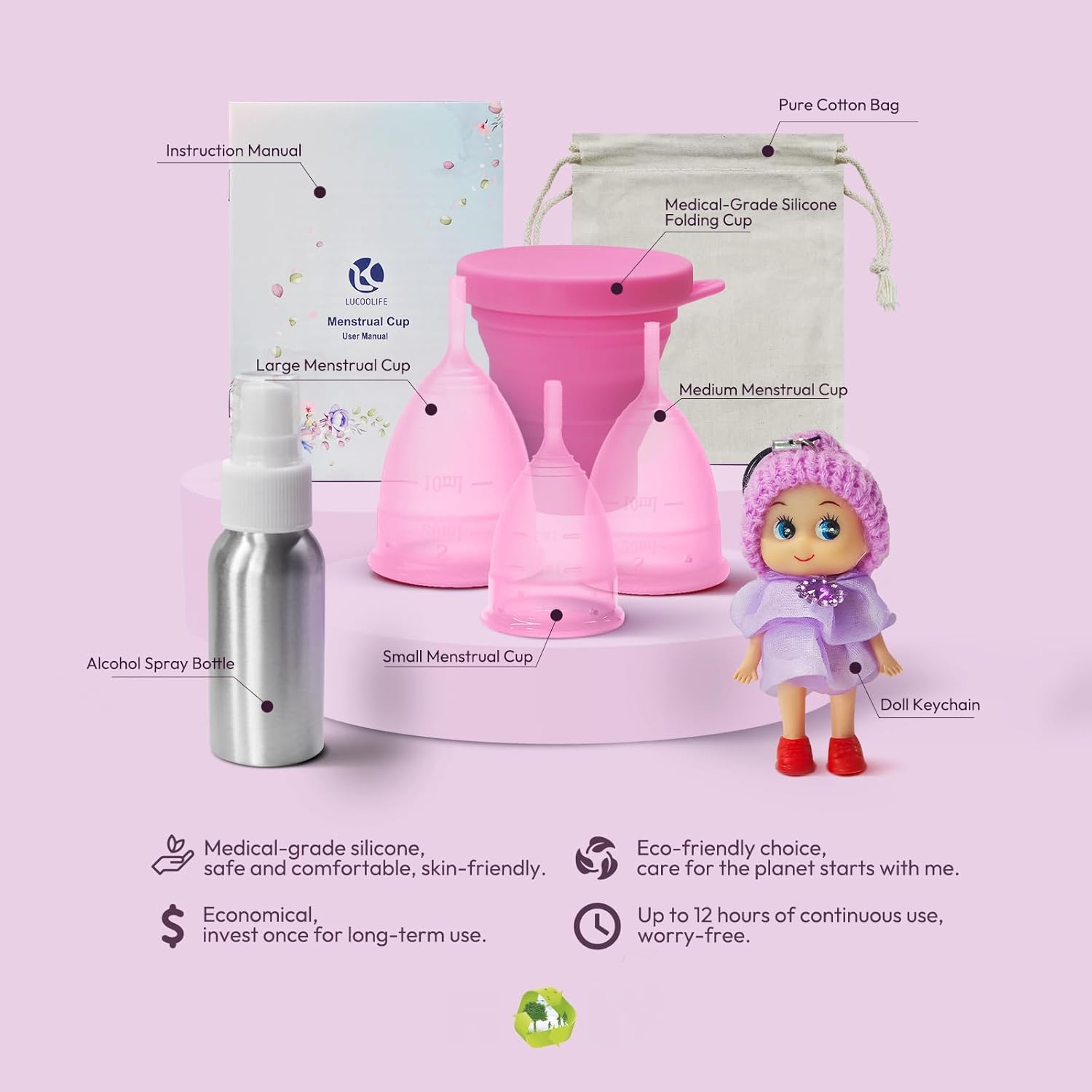 LUCOOLIFE Copa menstrual reutilizable, copas de silicona para el período, suaves, cómodas y respetuosas con el medio ambiente, juego de 3 kits para