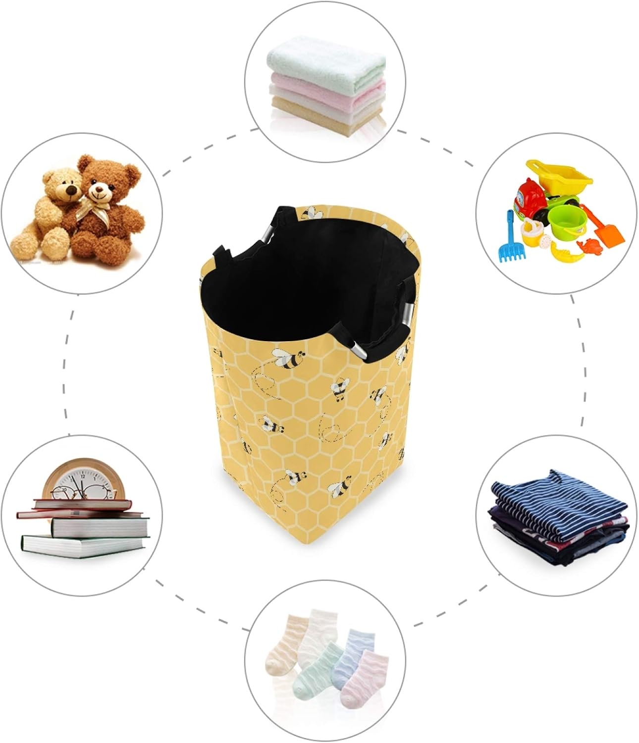 AUUXVA Cesta de lavandería amarilla con diseño geométrico de panal de abeja y colmena, cesta de almacenamiento grande plegable con asas para baño,