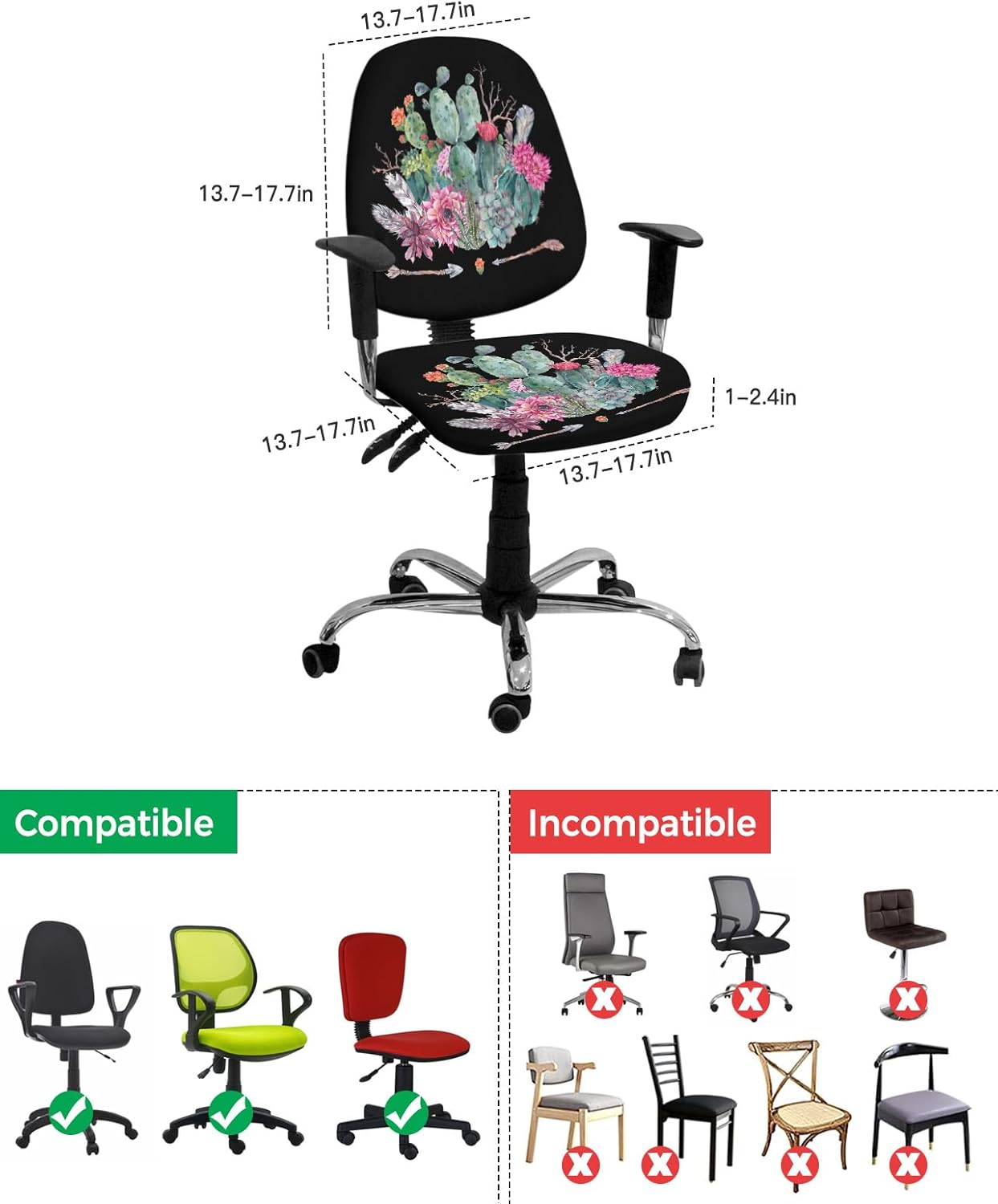 Funda para silla de oficina, diseño de flechas de cactus tropical, color negro, funda protectora y elástica para silla de escritorio, silla de