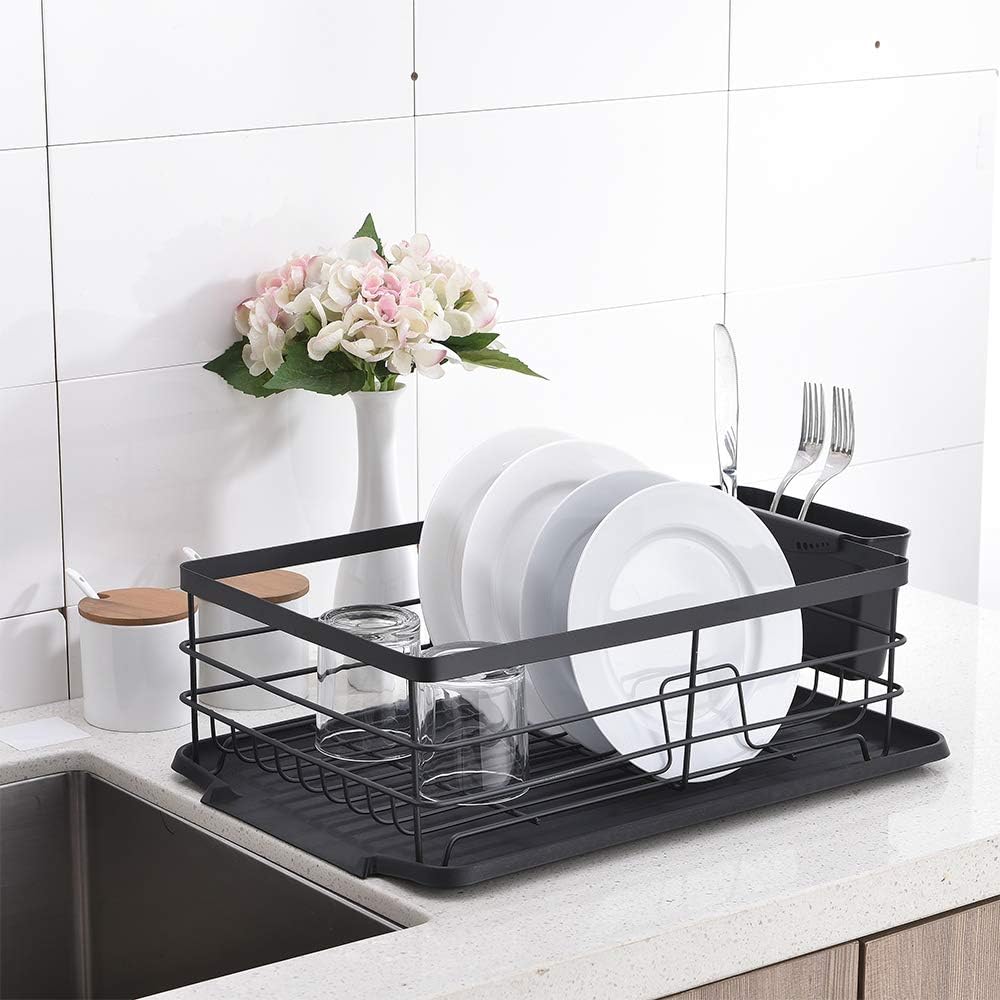 Escurridor de platos, estante grande para secar platos de cocina, estante de platos de metal, estante de secado con escurridor negro, caja de