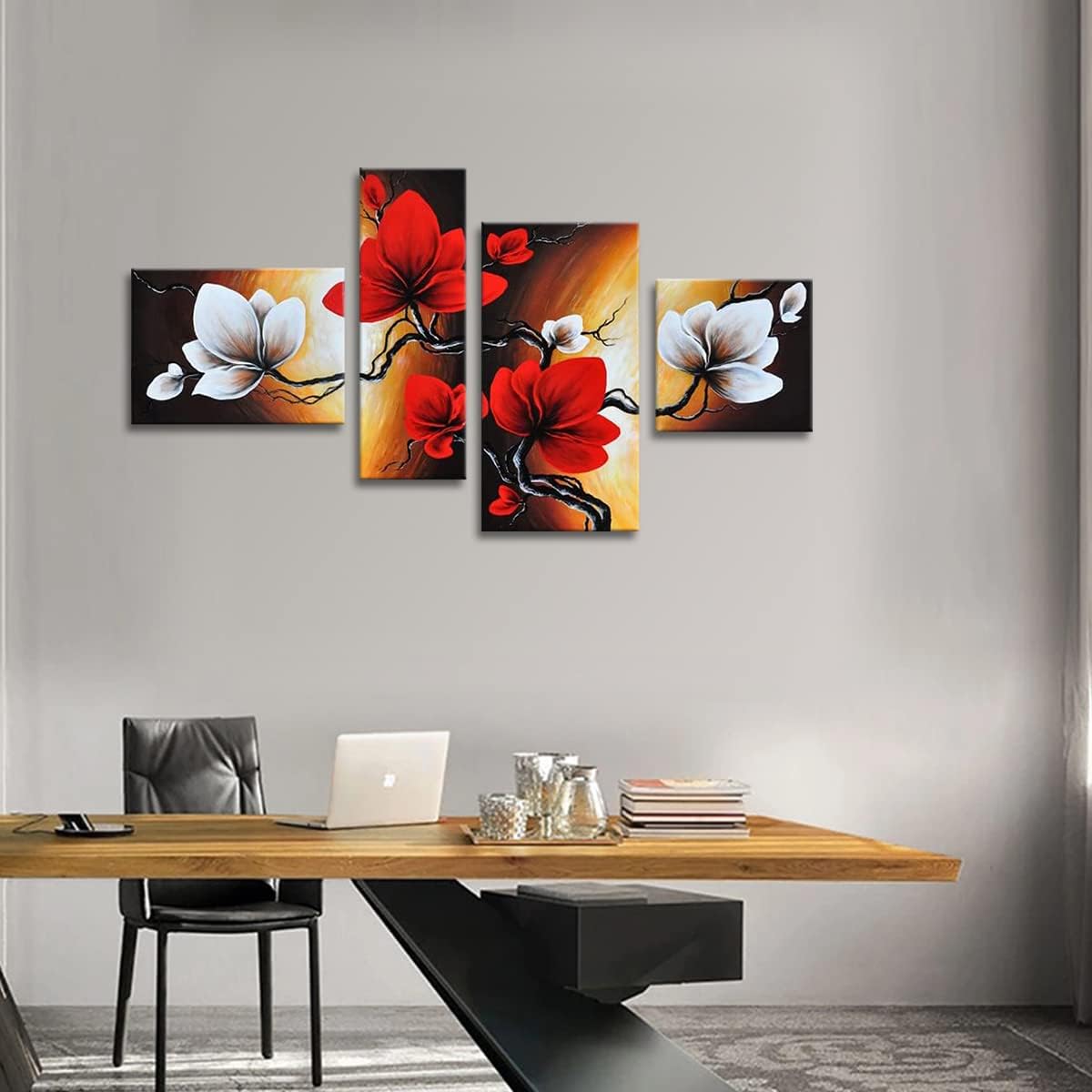 Noah Art – Lienzo pintado a mano con flores, flores de primavera y tulipán, pinturas modernas de flores, 4 paneles estirados de flores rojas,