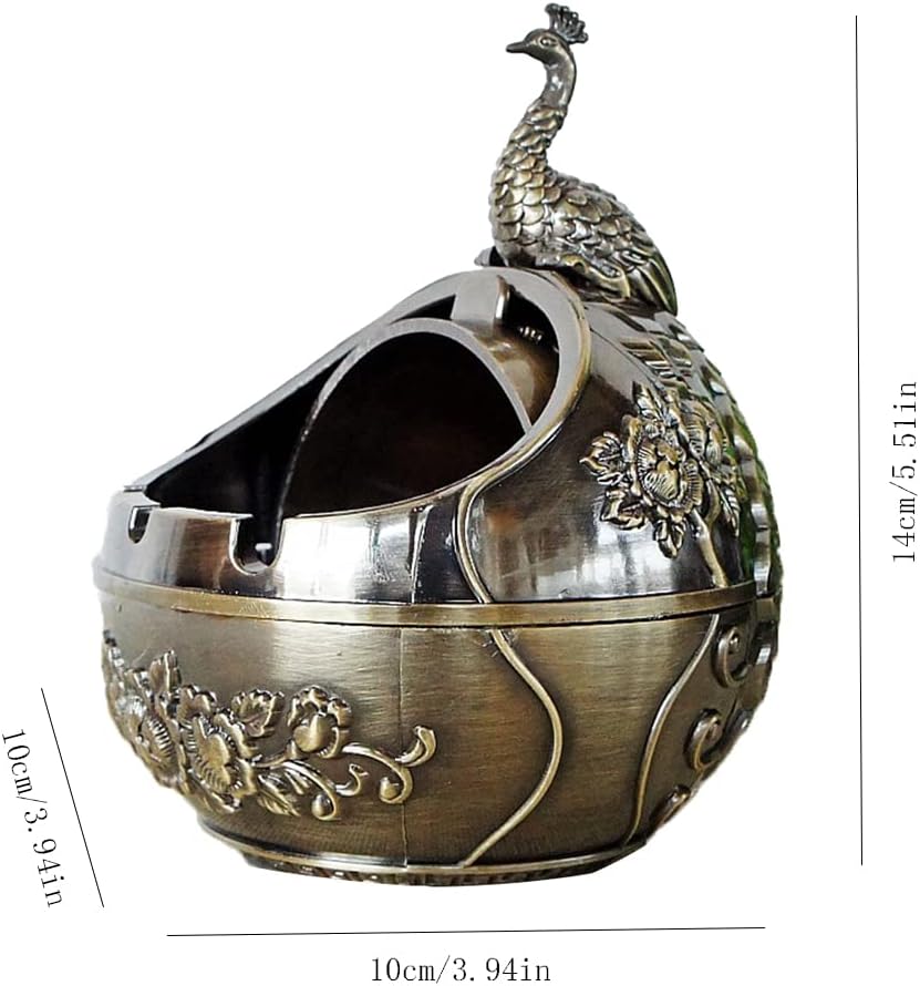 Willcome Cenicero vintage de pavo real con tapa, cenicero de metal resistente al viento, cenicero de escritorio para decoración del hogar y la