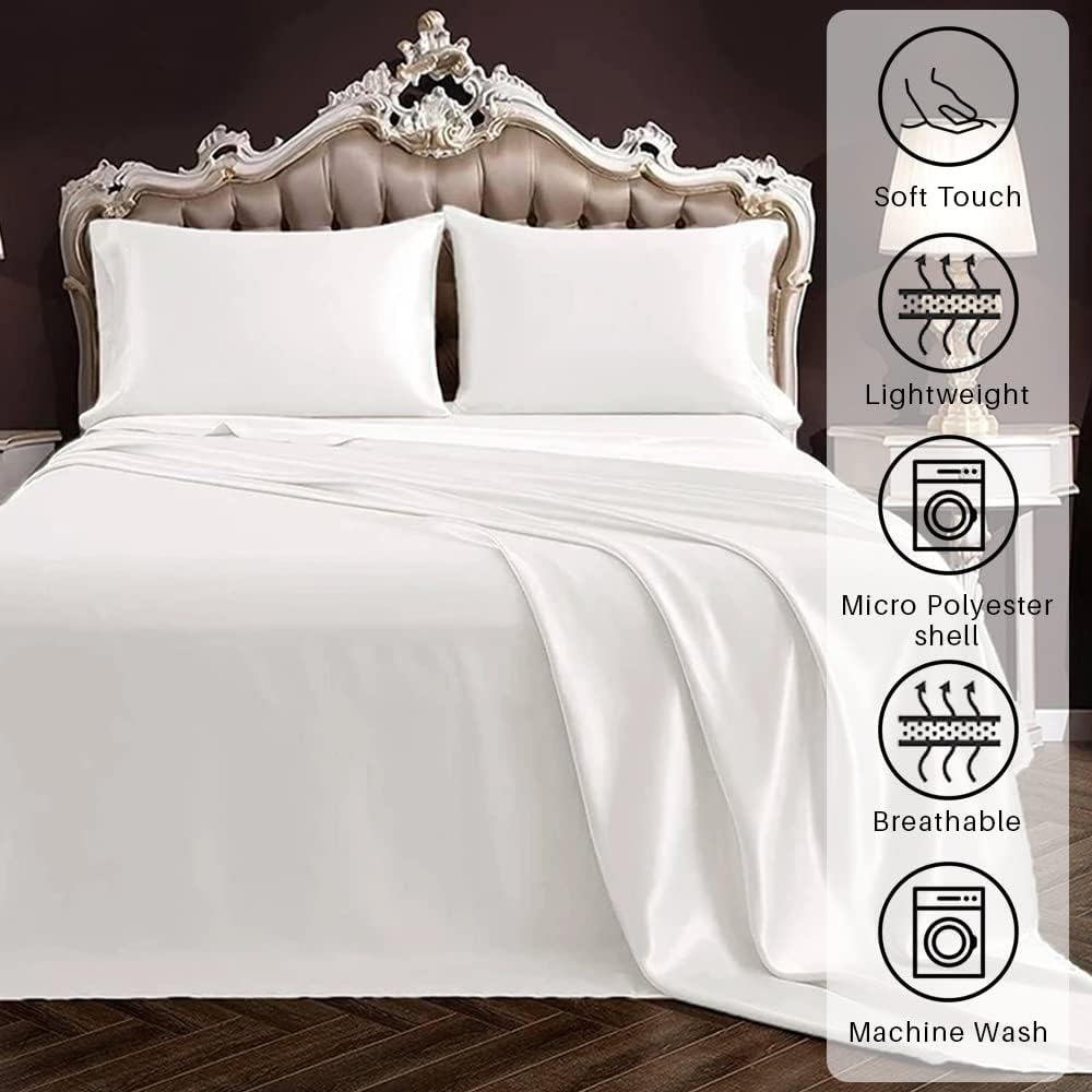 Bedify Bedding Sábana bajera de satén de seda 100% pura, 4 piezas, sábana bajera de bolsillo profundo de 15 pulgadas, sábana encimera de seda y