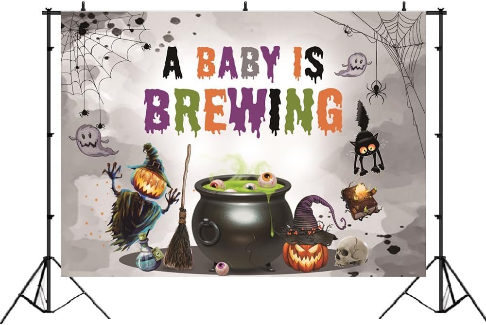 Masxkle Telón de fondo de Halloween para baby shower con texto en inglés “A Baby is Brewing”, pancarta de fiesta temática mágica de calabaza,