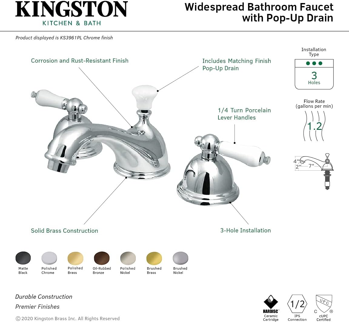 Kingston Brass KS3961PL Grifo de lavabo generalizado de restauración con manija de palanca de porcelana, cromo pulido, centro ajustable de 8 pulgadas