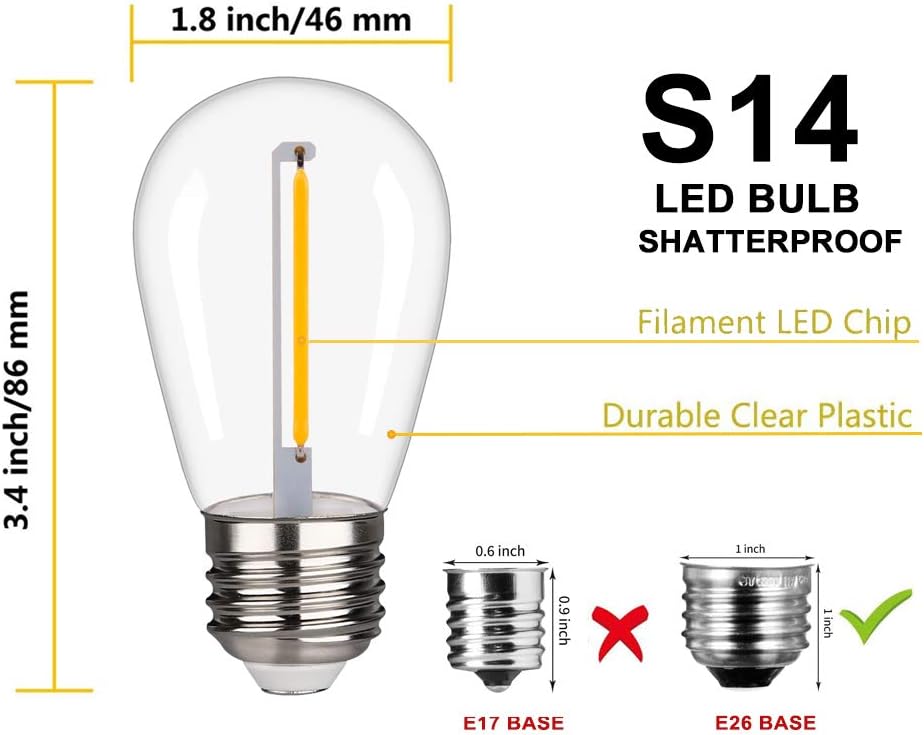 Paquete de 25 bombillas LED S14 para tiras de luces al aire libre, inastillables, equivalente a 10 W, bombilla LED para reemplazar bombillas de