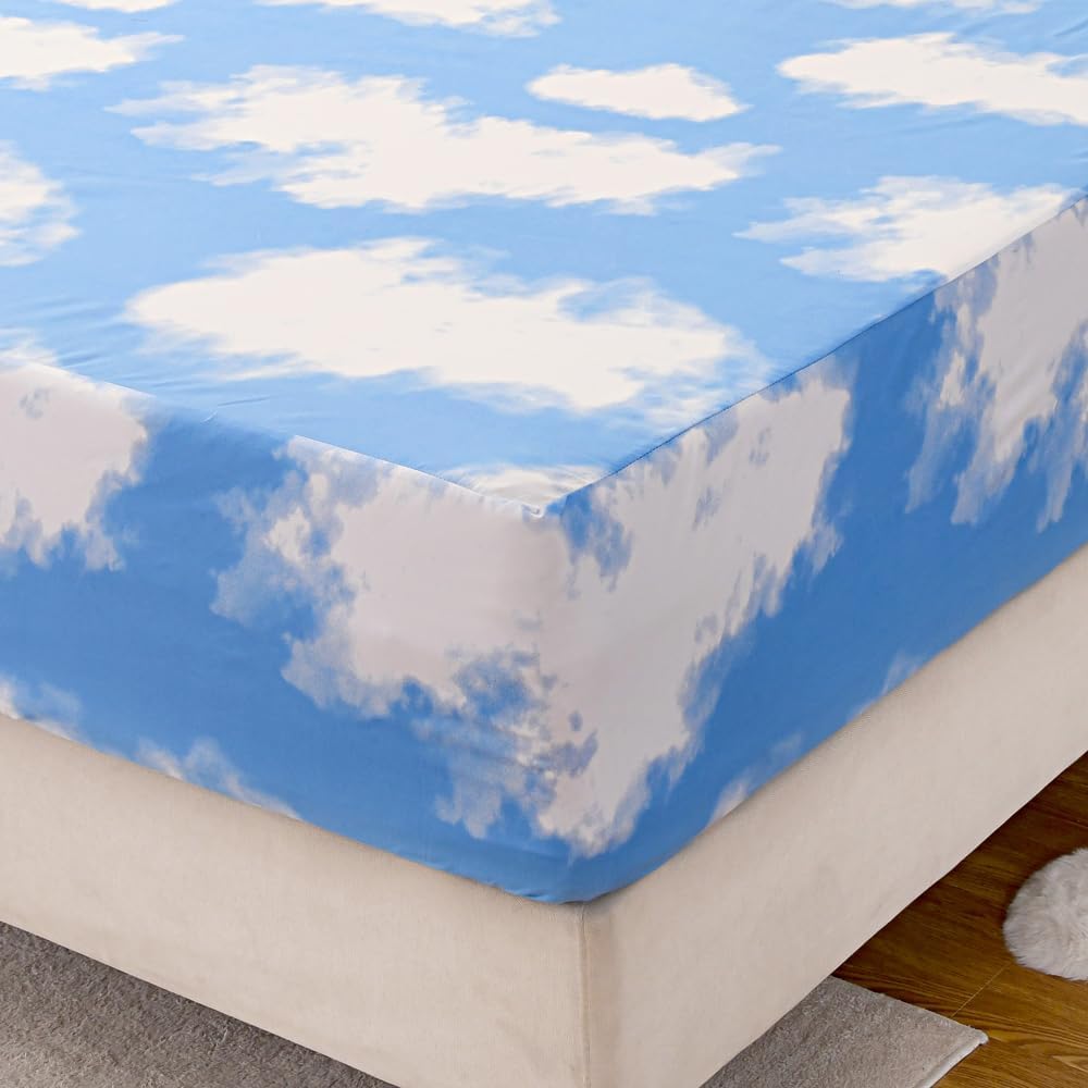 NATURETY Sábana bajera ajustable con bolsillo profundo para cama individual, sábanas de tela con estampado de nube blanca (azul cielo, individual)