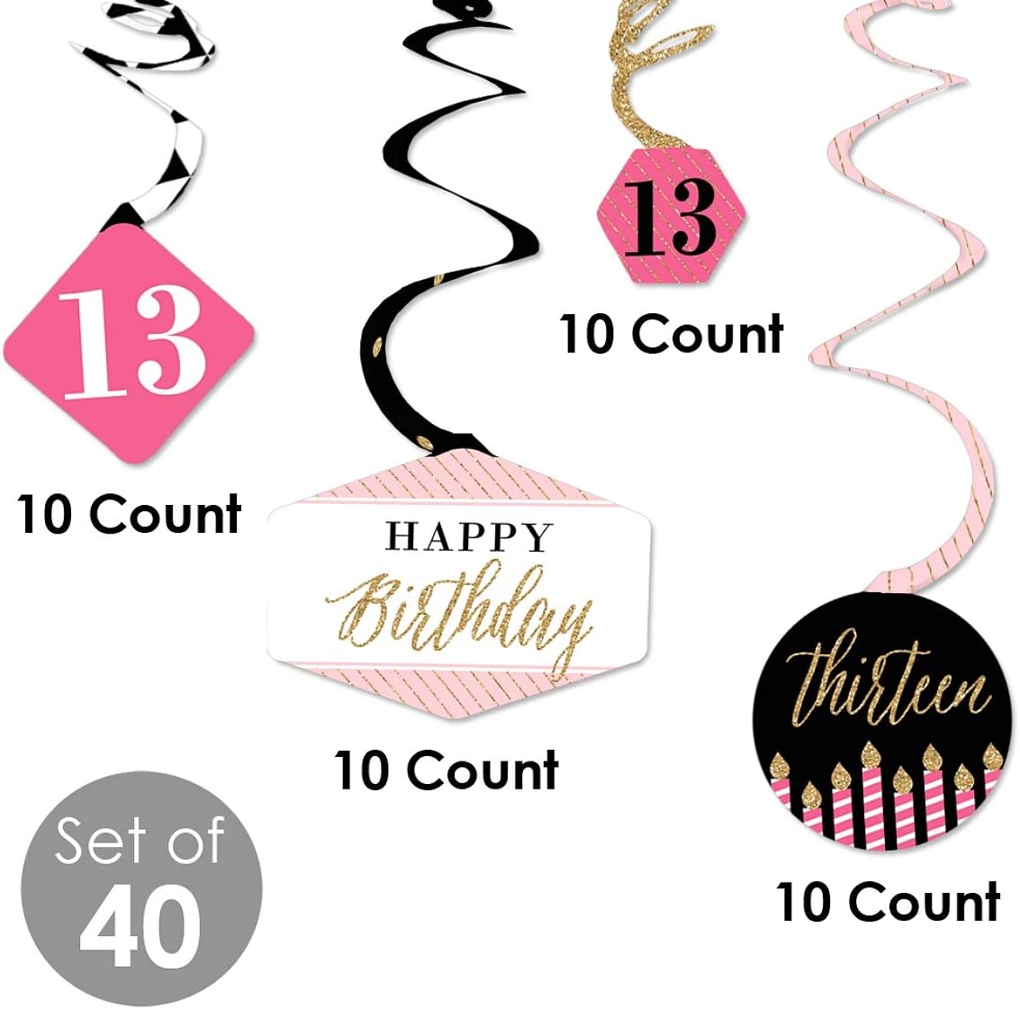 Big Dot of Happiness Elegante 13 cumpleaños – rosa, negro y dorado – Remolinos decorativos colgantes para fiesta – Juego de 40