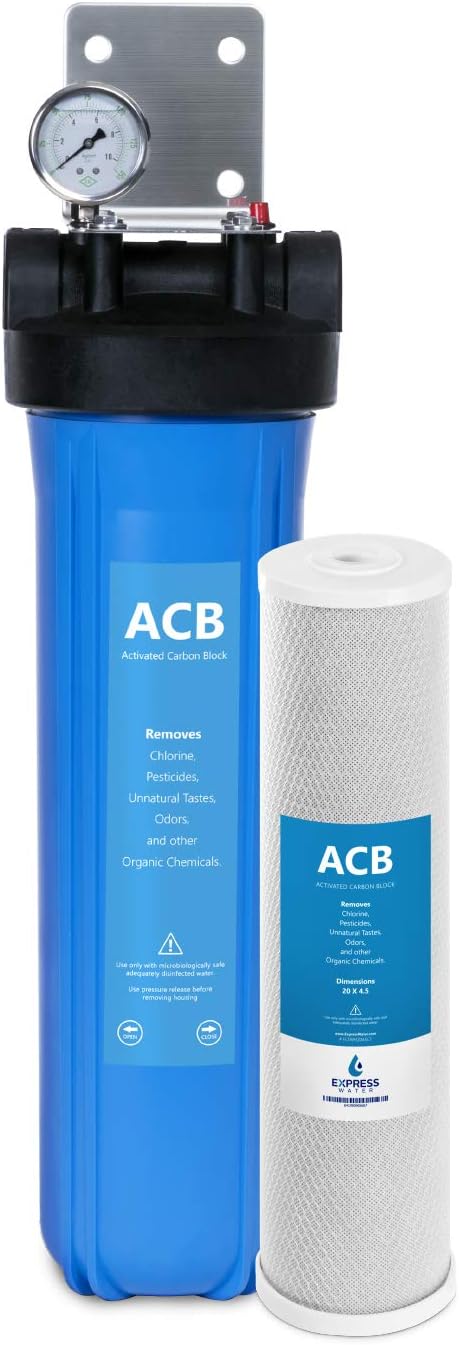 Express Water Filtro de agua para toda la casa, sistema de filtración de agua para el hogar de 1 etapa, filtro de carbono, incluye manómetros, fácil