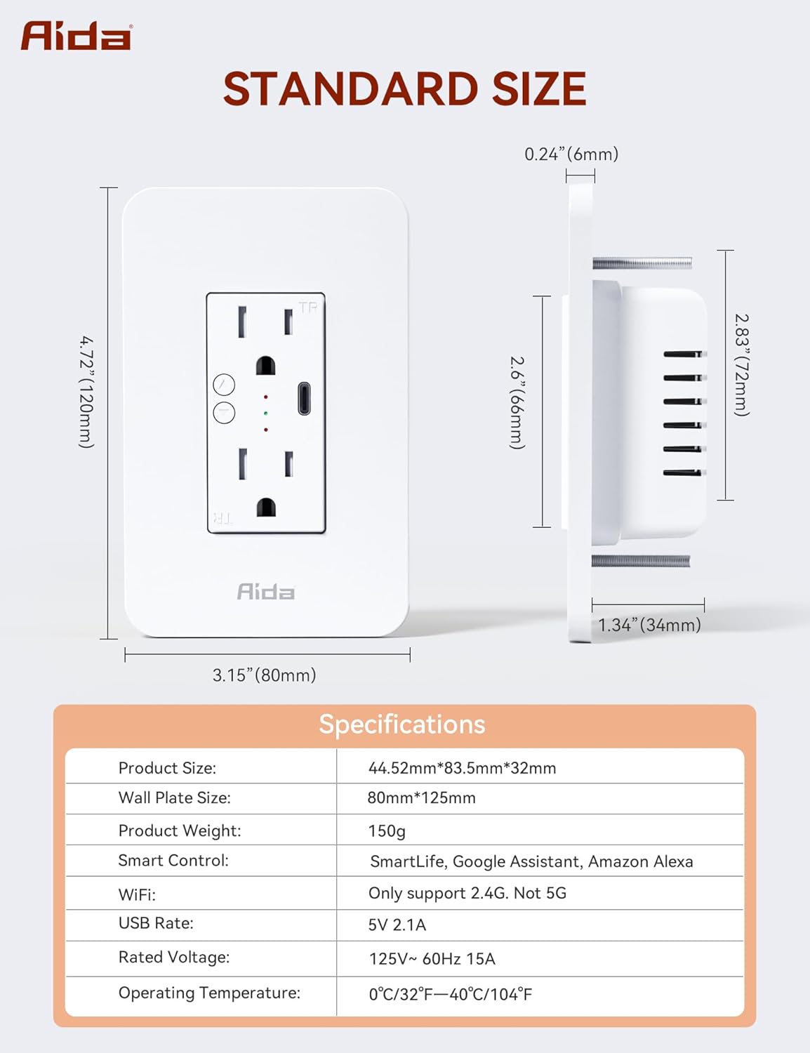 AIDA Toma de corriente inteligente Wi-Fi en pared, toma eléctrica estándar con puerto USB-C, receptáculo de 15 A, resistente a manipulaciones,