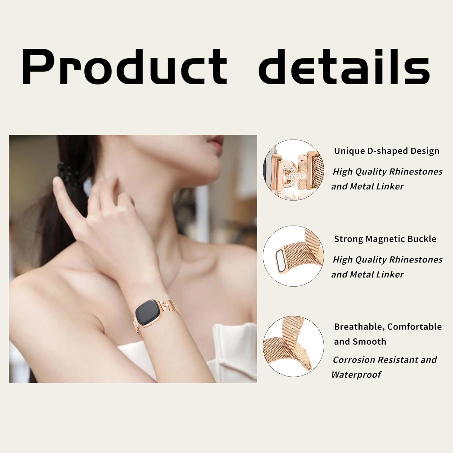 Bandas magnéticas compatibles con Fitbit Sense 2Fitbit Versa 4Fitbit SenseFitbit Versa 3, correa de malla de acero inoxidable, pulsera ajustable de