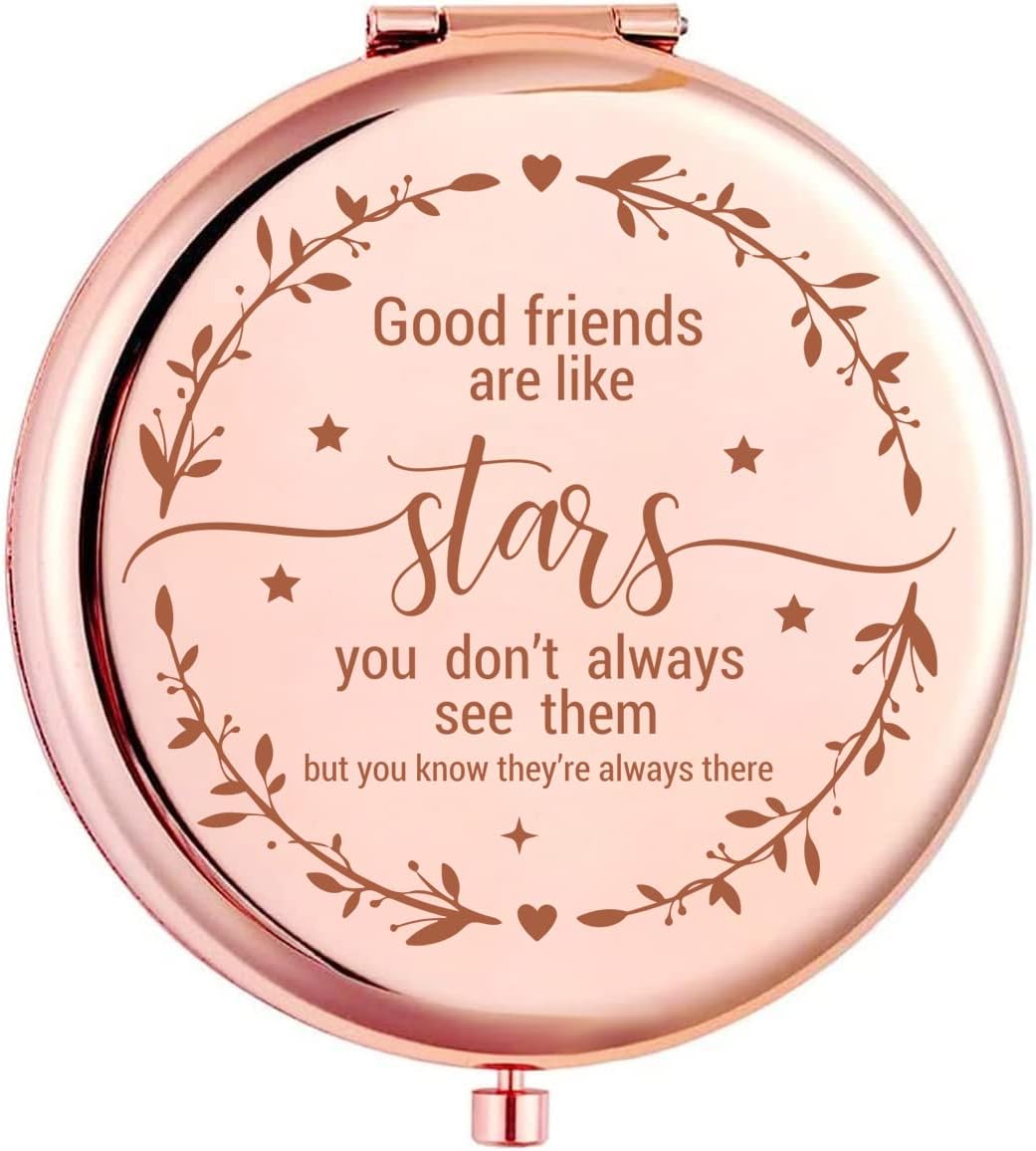 Kukeyiee Good Friends are Like Stars – Espejo de maquillaje de viaje grabado en oro rosa, espejo de maquillaje compacto para maquillaje, regalos de