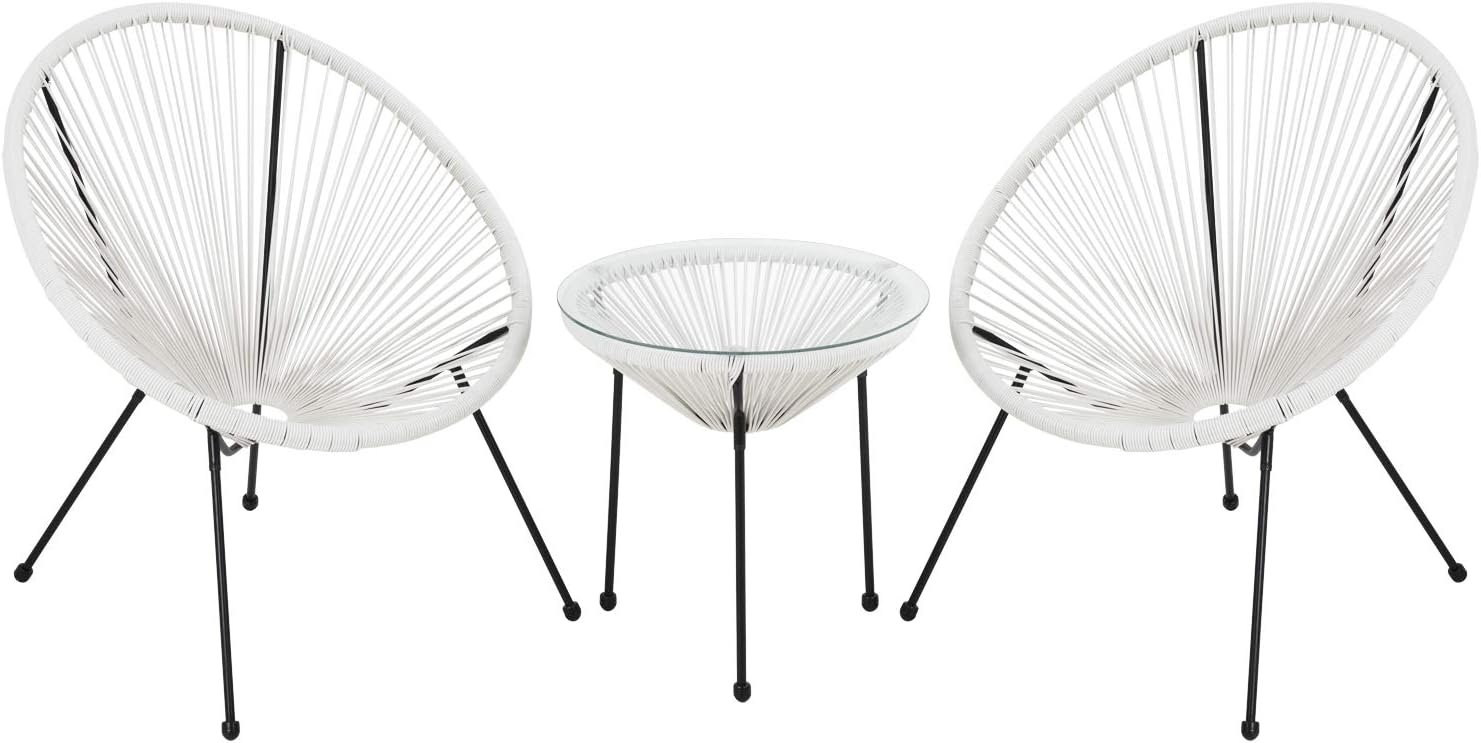 FDW Juego de 2 sillas Acapulco para exteriores, diseño de hamaca de cristal, parte superior de cristal, tamaño pequeño, color blanco