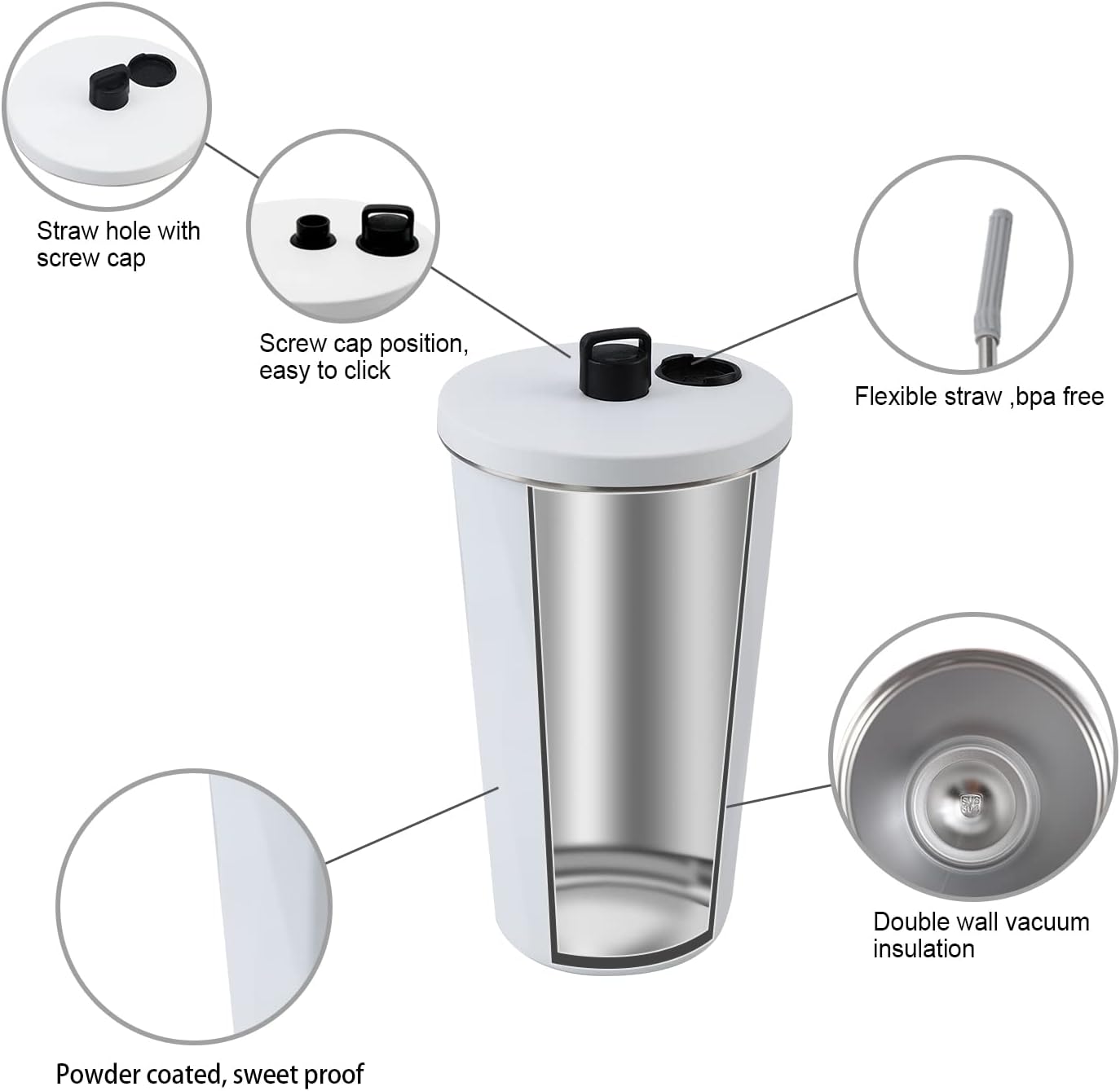 Youwoo – Vaso aislado al vacío de 20 onzas con popote de metal, taza aislada al vacío de doble pared, taza de café para bebidas calientes y frías,