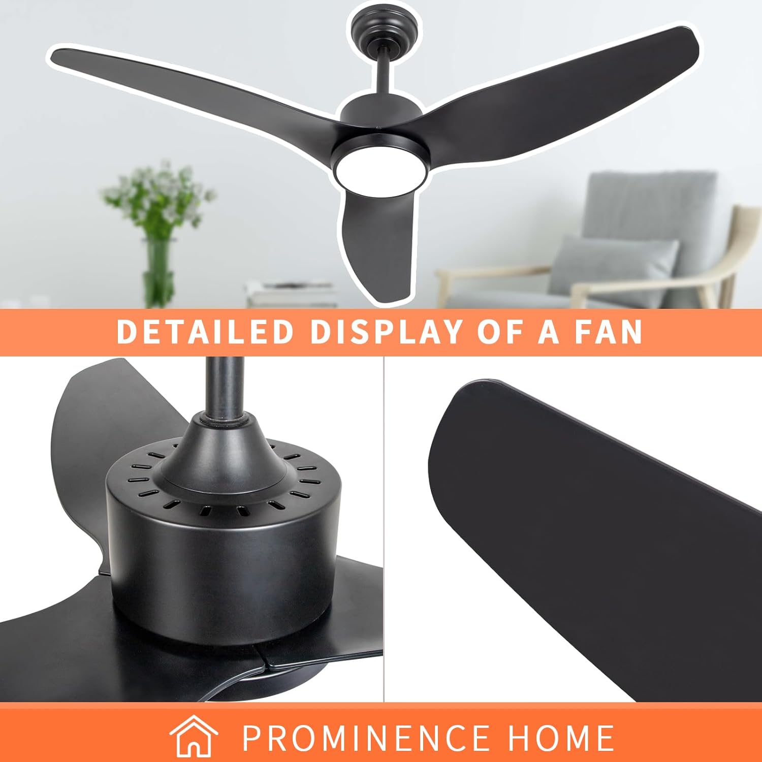 Ventilador de techo negro con control remoto de luz, 52 pulgadas, 6 velocidades, motor silencioso reversible, 3CCT, regulable, LED, temporizador,