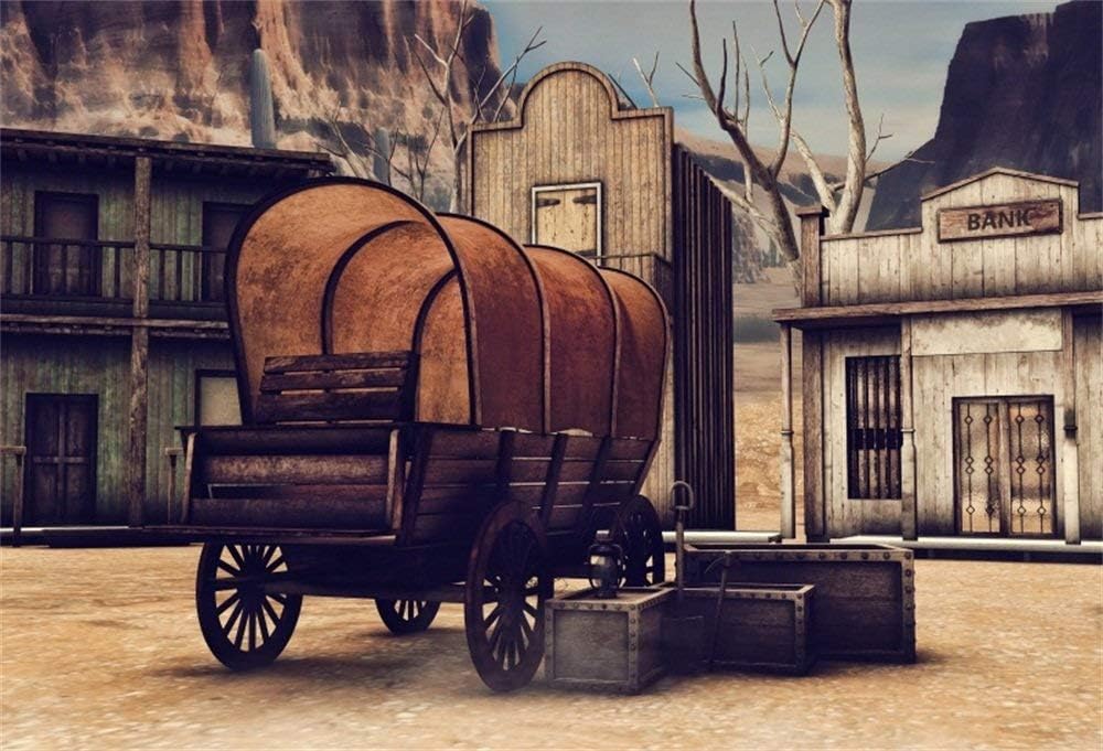 Laeacco Fondo occidental de madera de 7x5FT Fondo de fotografía de ciudad de madera Ancient Old Wagon Wild West Scene Banic House Wood Grunge