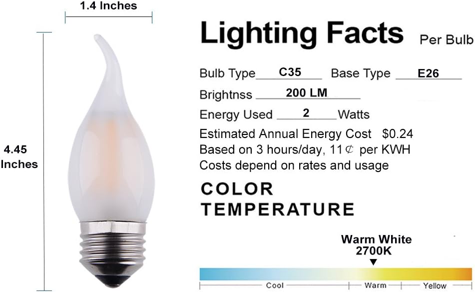 Bombilla LED para candelabro C35 de 2 W (equivalente a 25 W) regulable, lámpara de filamento LED, luz blanca cálida de 2700 K, vidrio esmerilado,
