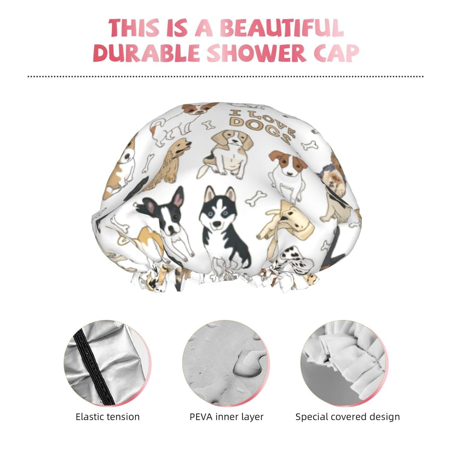 Gorros de ducha, sombrero de baño de doble capa compatible con lindos dibujos de mascotas con estampado de perros para mujeres, cubierta de pelo