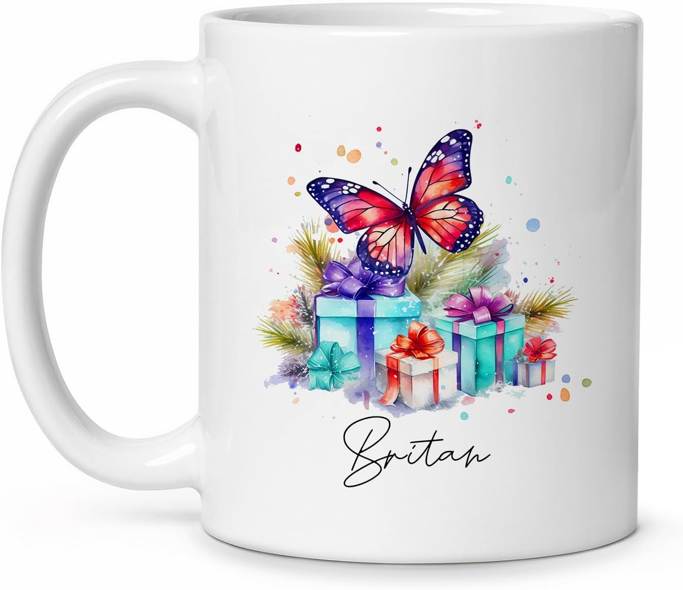 Tazas de cerámica blanca personalizadas, diseño de mariposa con cajas de regalo coloridas, taza de café con nombre personalizado, taza de té de